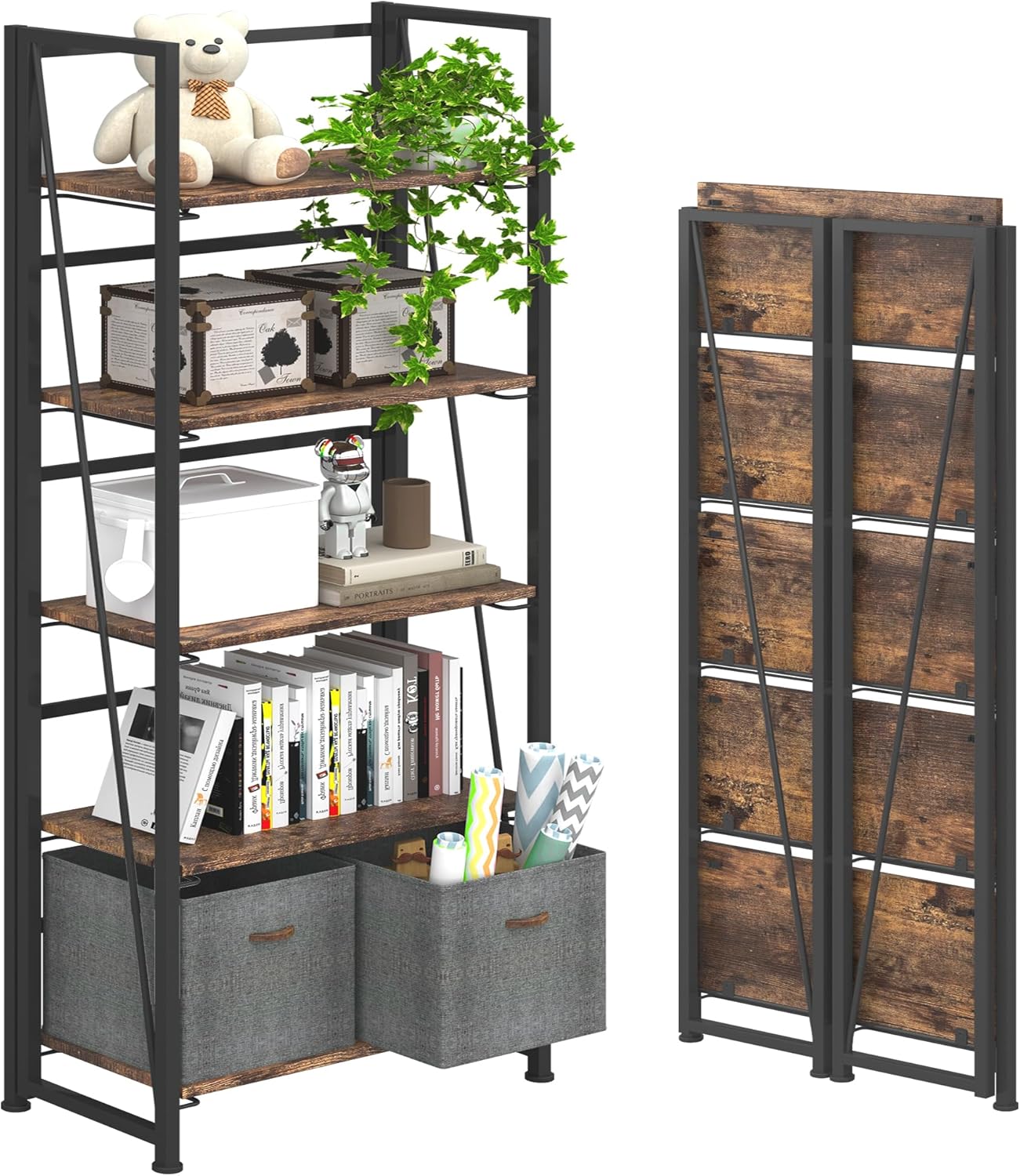 4NM No-Assembly Folding Bookshelf Storage Shelves 5 Tiers Vintage Bookcase Stand...