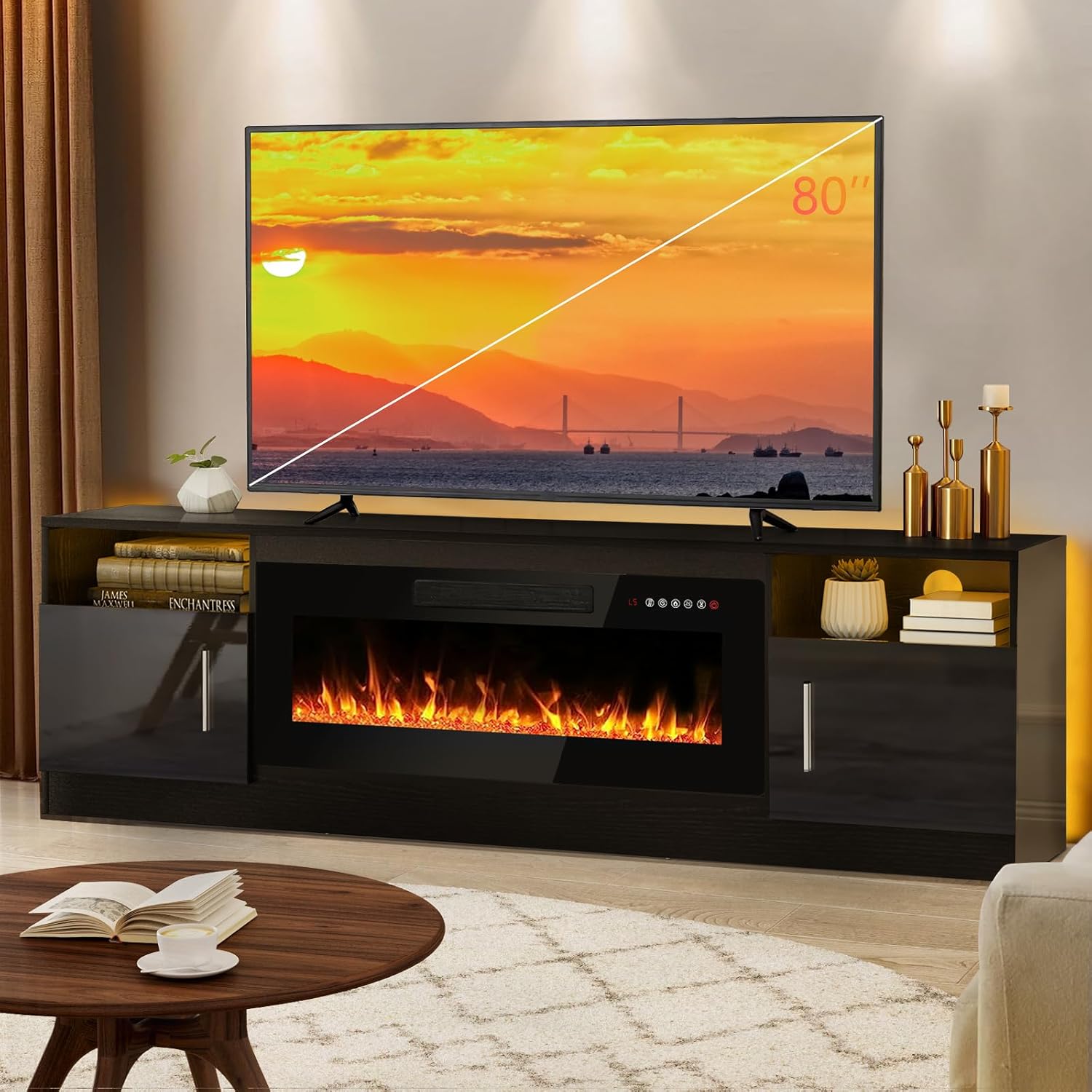 Lemberi Fireplace tv Stand with 36 inch Fireplace Up to 80" TVs,LED Light Entert...