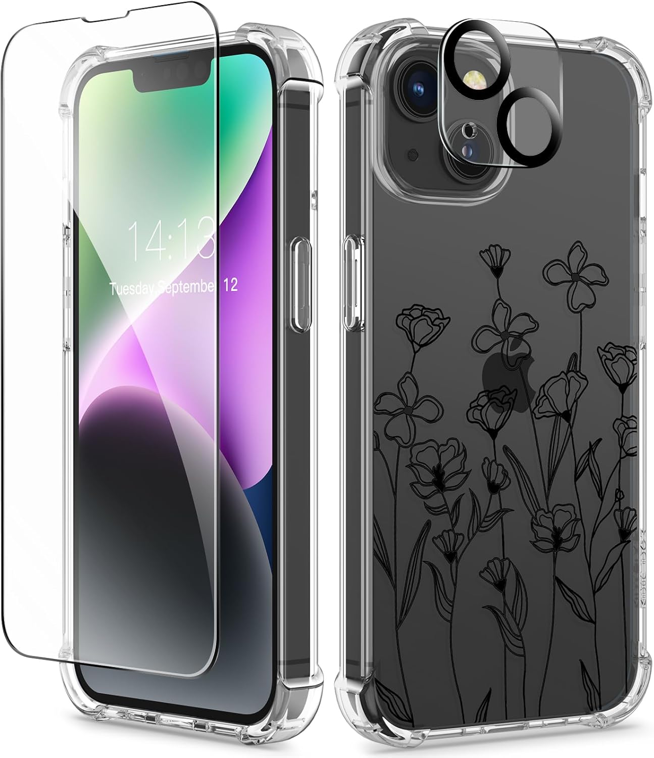 GVIEWIN for iPhone 14 Case Floral, with Screen Protector + Camera Lens Protector...