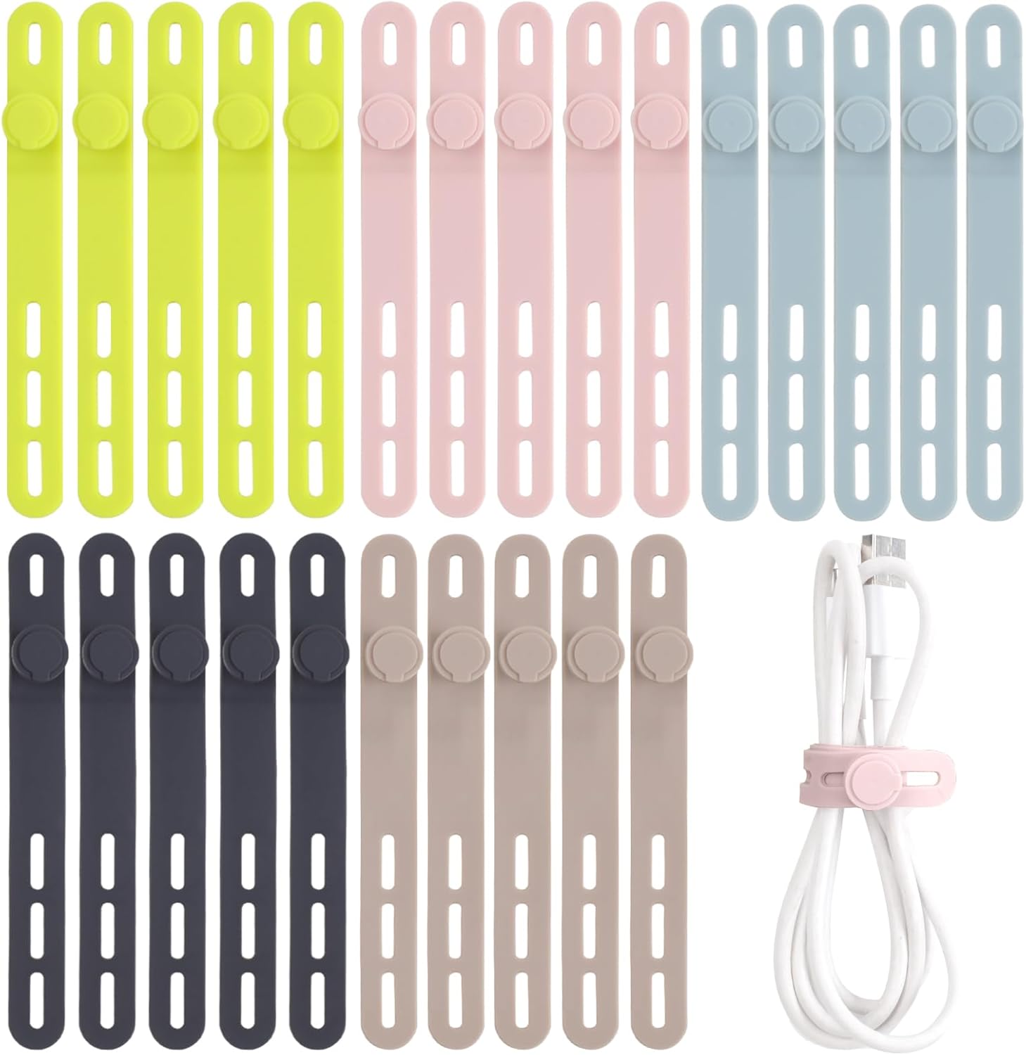 Oligei 25 Pcs Silicone Cable Ties, Cord Ties Cord Wrap, Cable Ties Reusable, Hig...