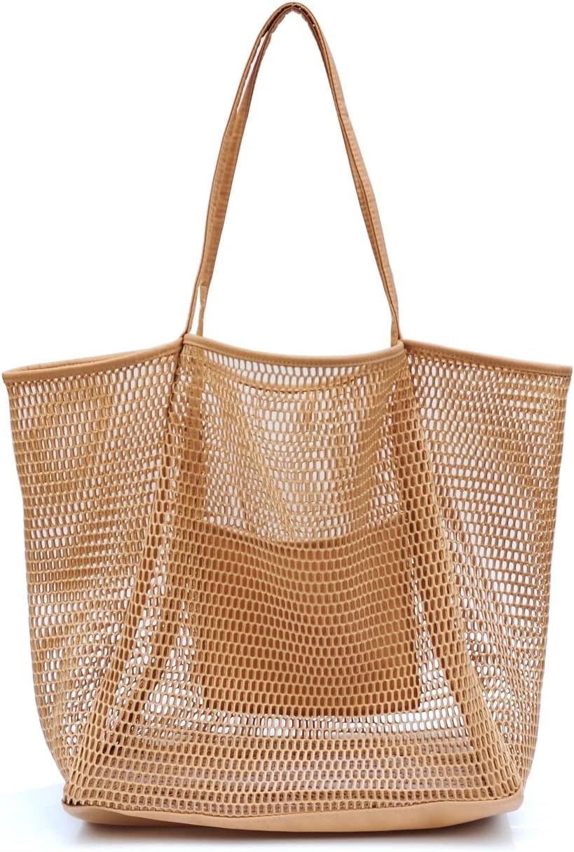 HOXIS Mesh Beach Tote Womens Shoulder Handbag Tan