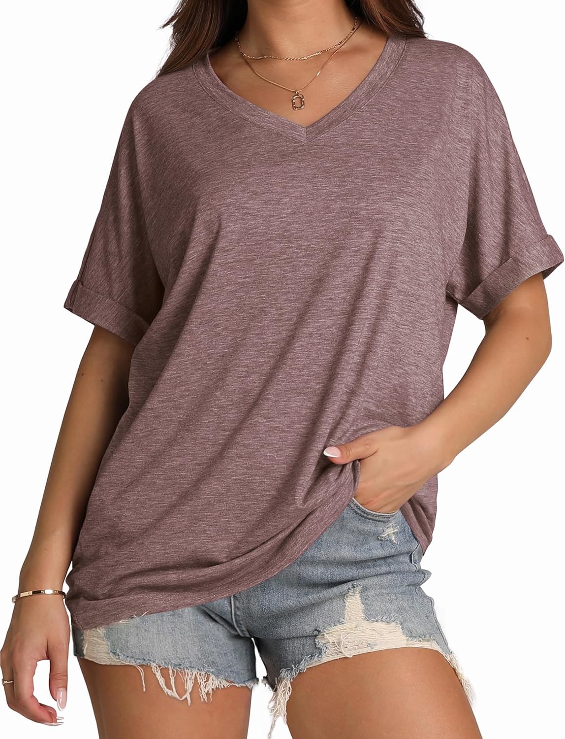 WIHOLL Womens Oversized Tshirts Summer Tops 2025 Short Sleeve V Neck Shirts Outf...