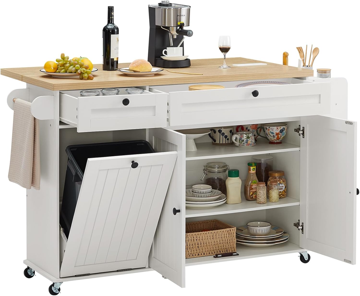 60" Kitchen Island with Power Outlet & Drop Leaf, Kitchen Rolling Island with Sp...