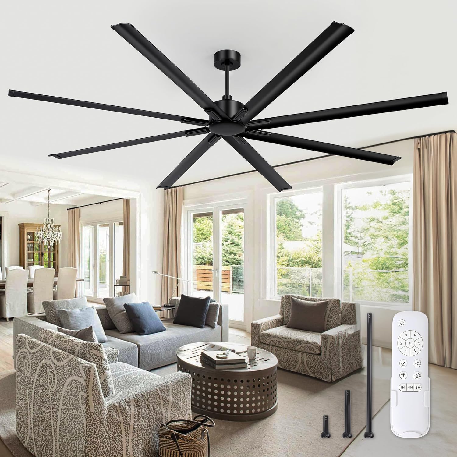 96 Inch Industrial DC Motor Ceiling Fan, Large Ceiling Fan with 8 Reversible Bla...
