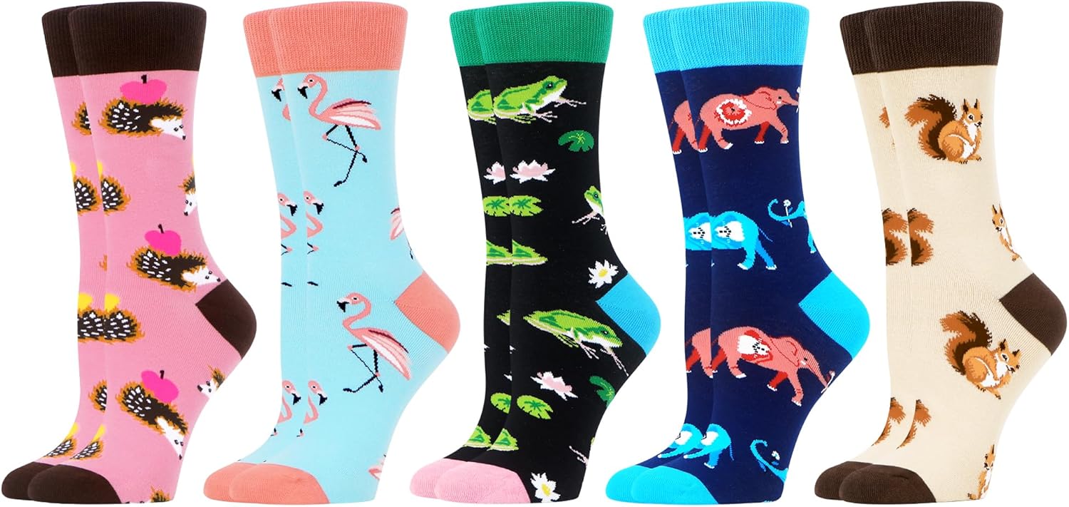 WeciBor 5 Pairs Women's Funny Colorful Novelty Pattern Combed Cotton Socks