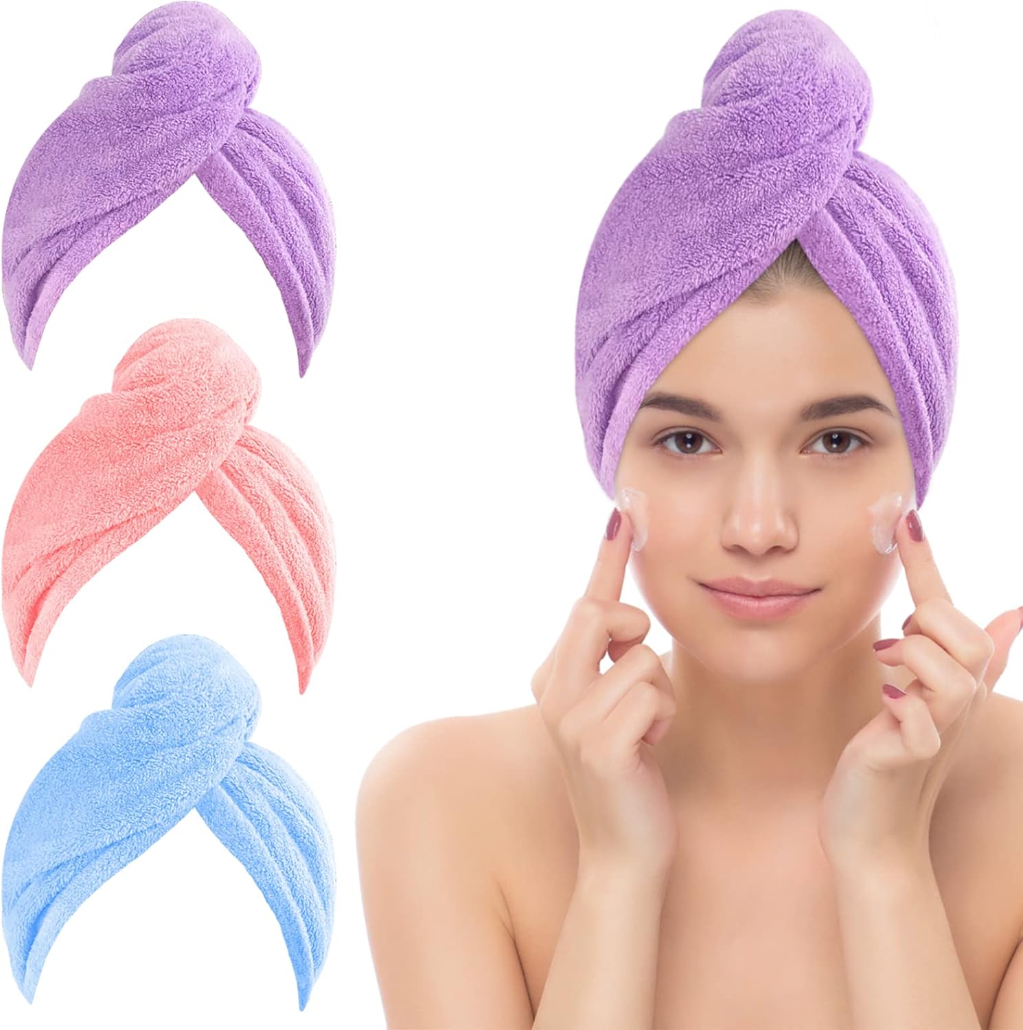 Jsdoin 3 Pack Hair Towel Wrap, Microfibre Wrap Hair Towel with Button Super Quic...