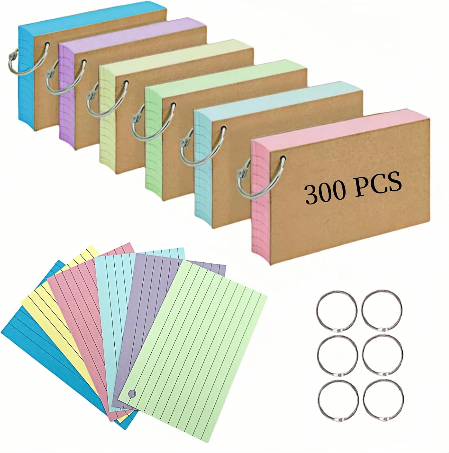 Flash Cards 300 PCS Revision Cards 5 * 3 Inch Kraft Paper Notecards with 6 Metal...