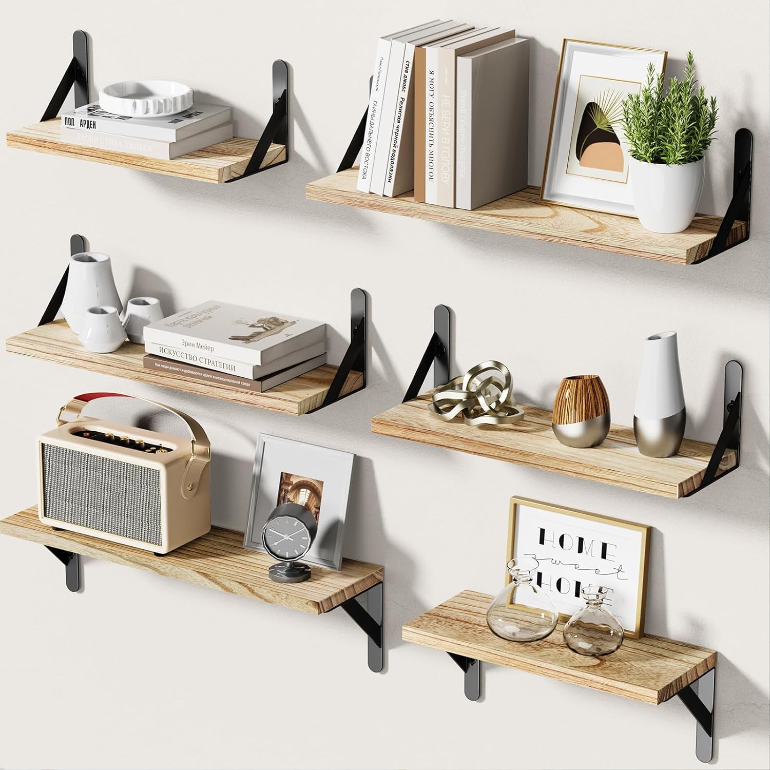 Pipishell Floating Shelves Set of 6, Wood Floating Shelves for Wall Decor, Rusti...