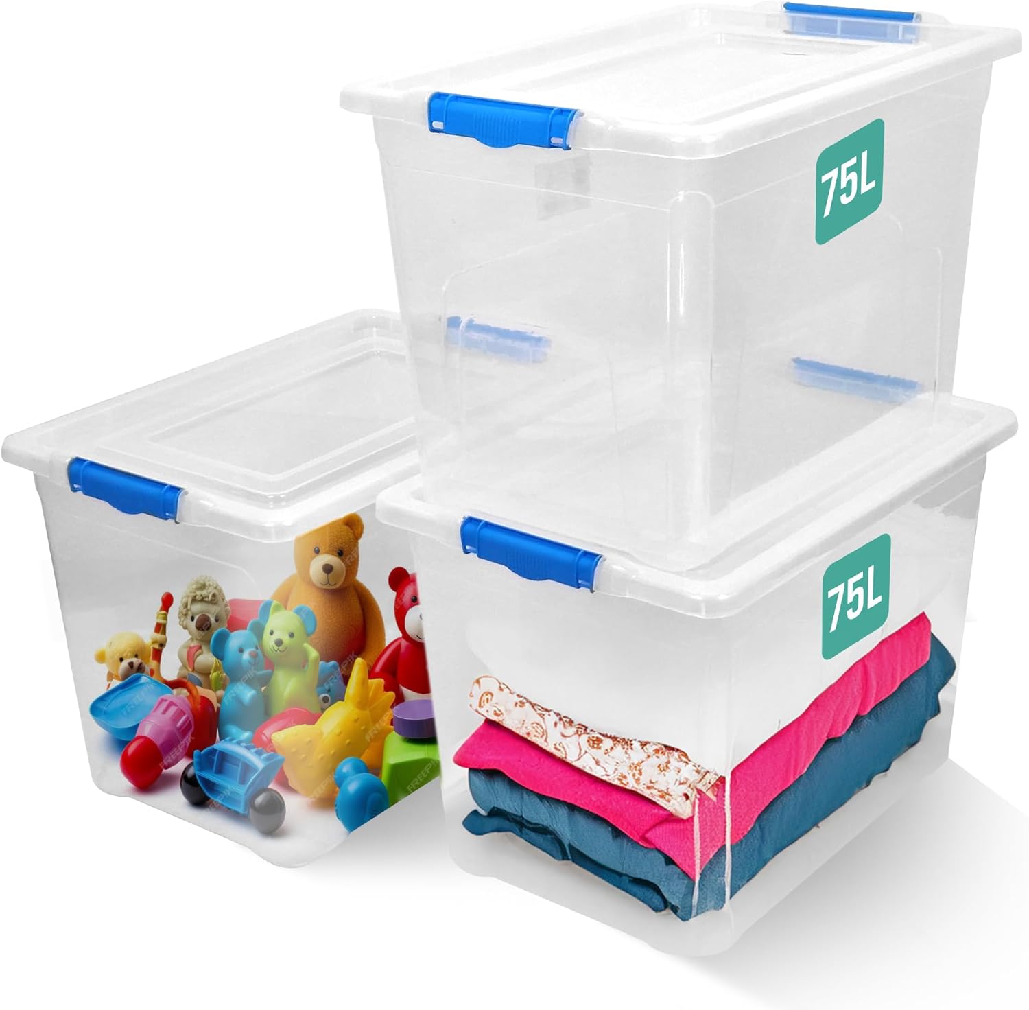 KLASS 3 x 75 Litre Storage Boxes with Lids, Clip-Lock Lid, Clear Plastic Storage...