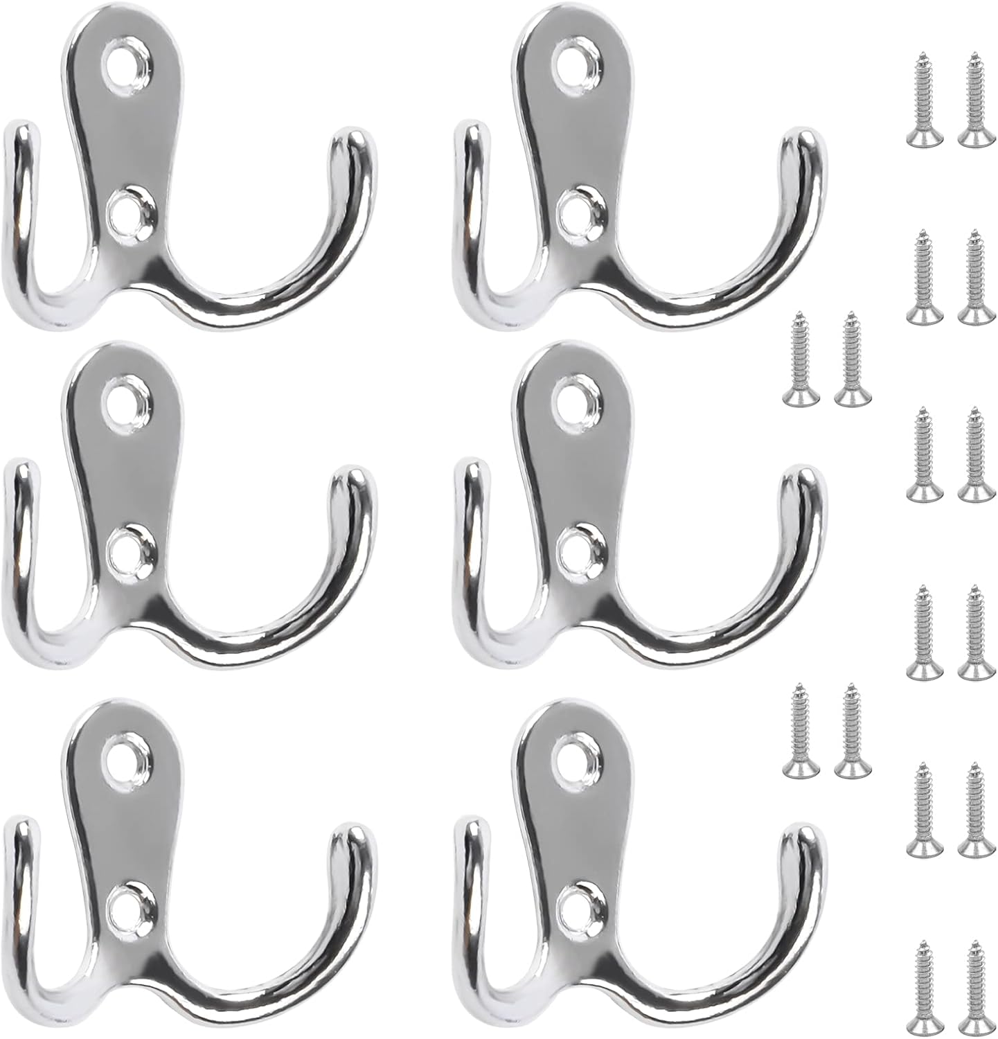 6 PCS Dual Coat Door Hooks, Double Prong Wall Mounted Hooks with 16 PCS Screws f...