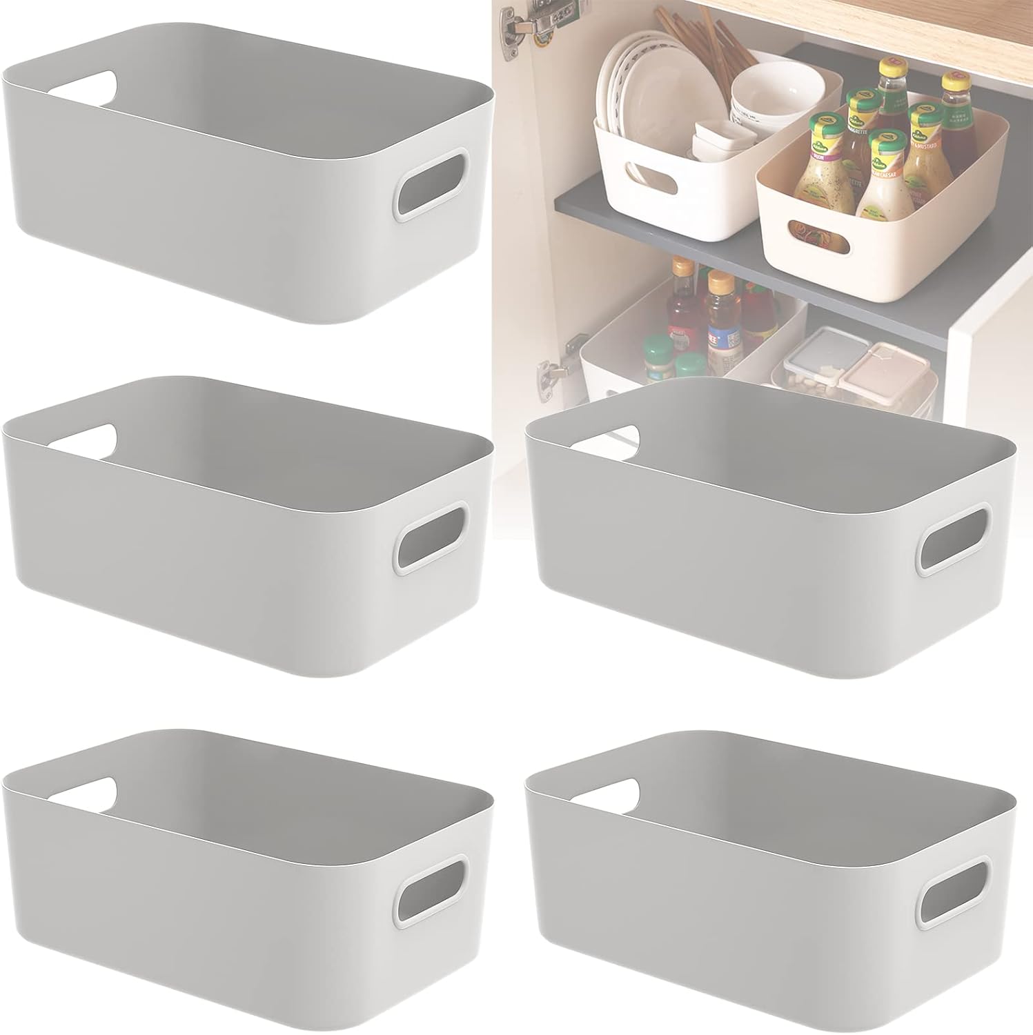 W&H 5 PCS Grey Plastic Storage Baskets with Handle, Rectangular Kitchen Organise...