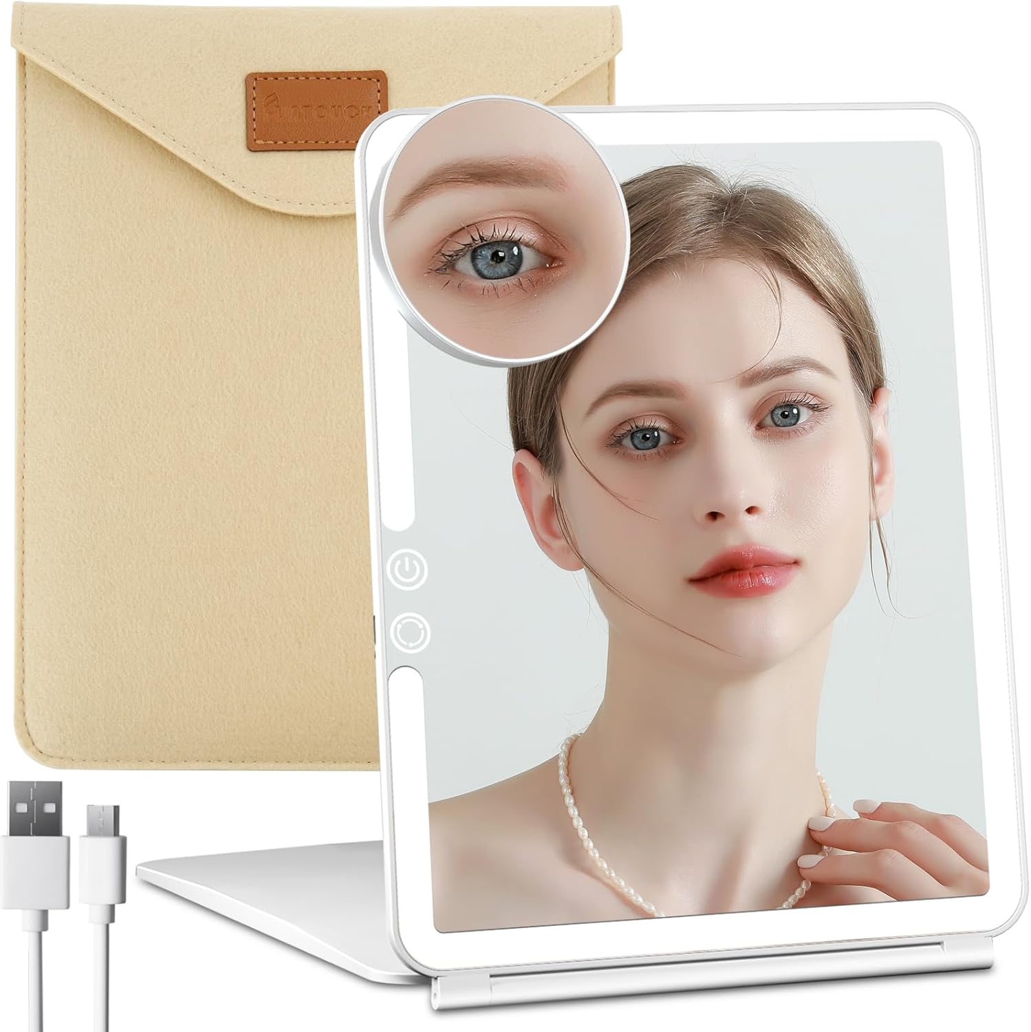FUNTOUCH Large Rechargeable Travel Makeup Mirror with 10X Magnifying, 3 Lighting...