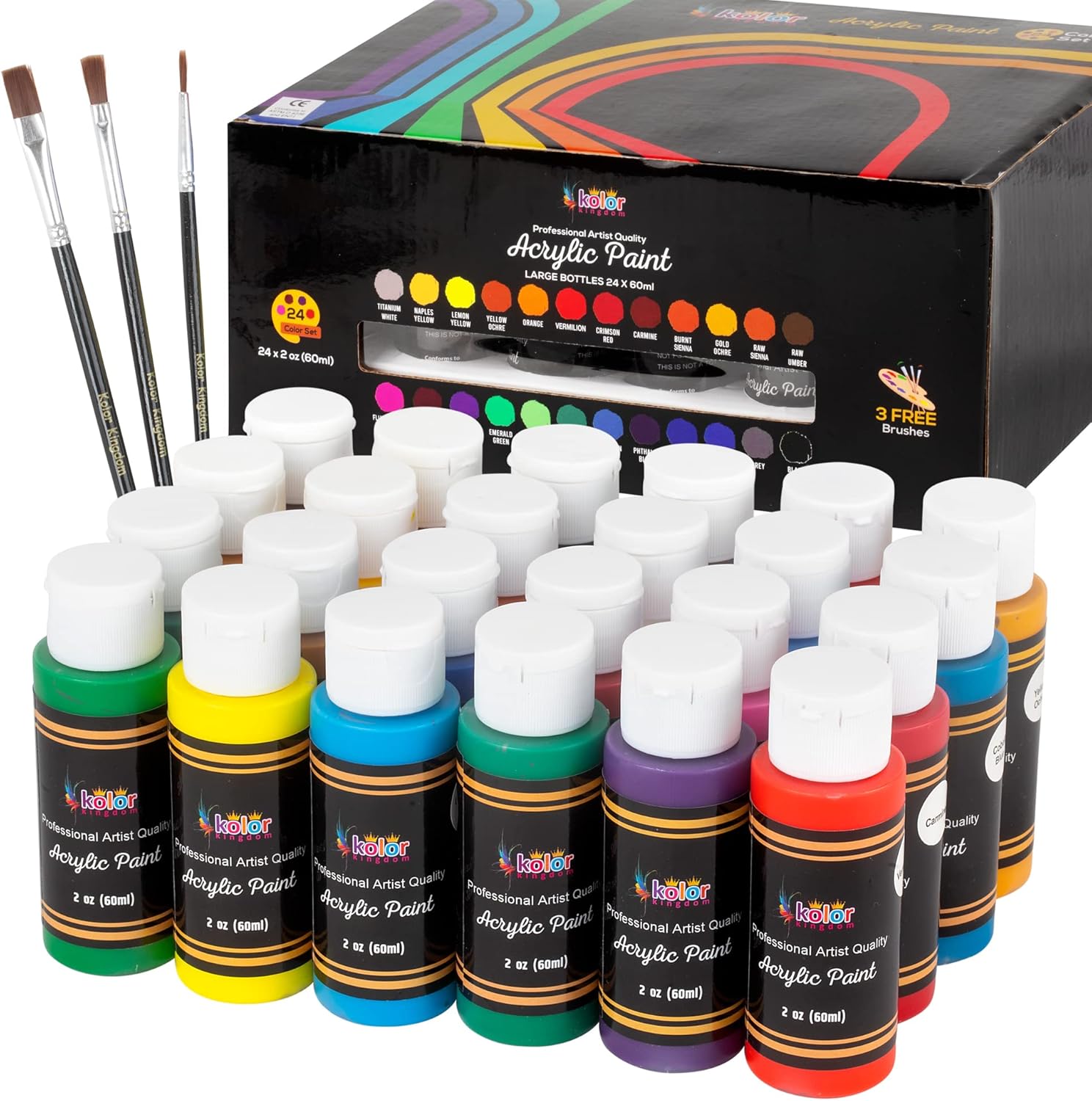 KOLOR KINGDOM Acrylic Paint Set 24 Colours Canvas Paints Kit with 3 Paint Brushe...