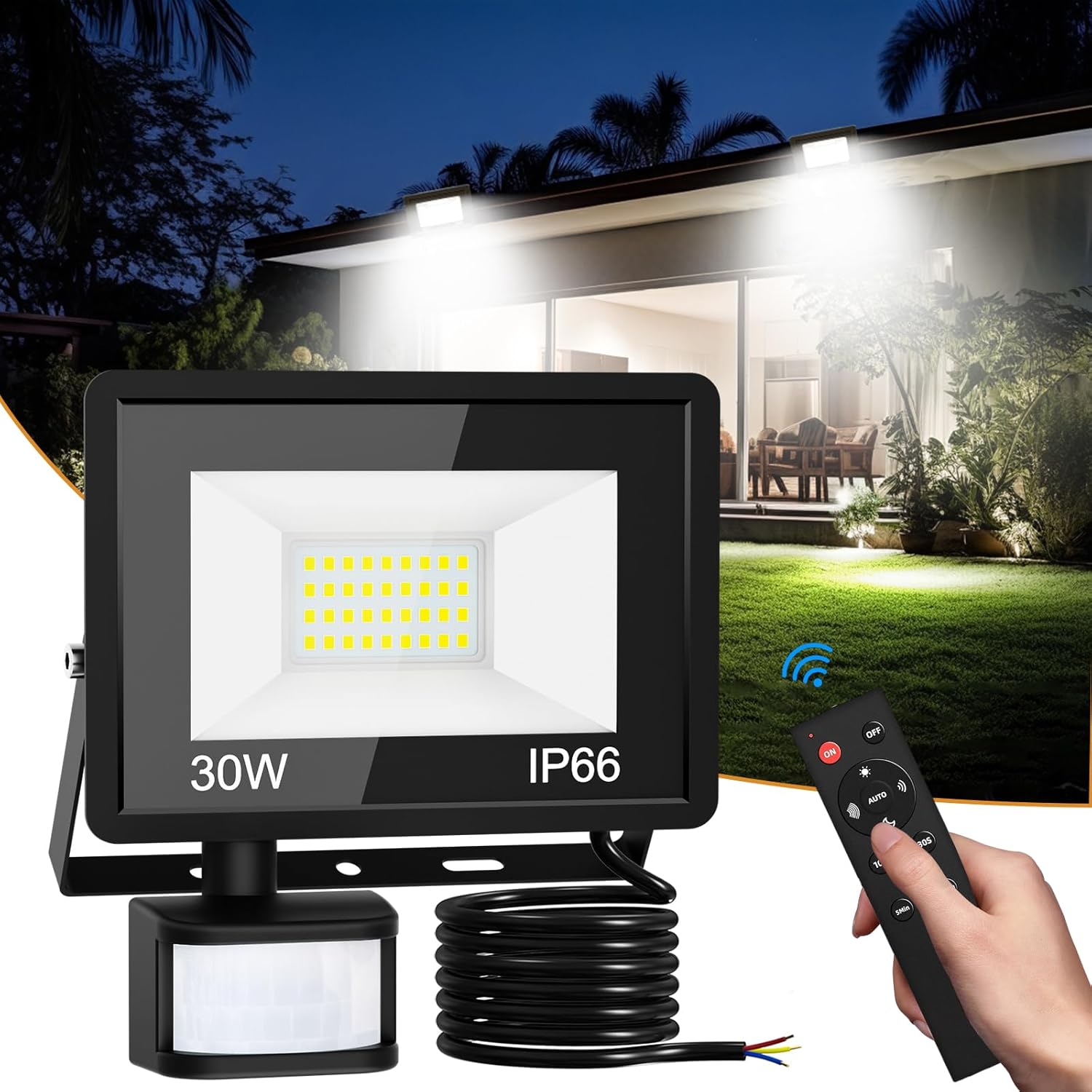 vighep Security Lights Outdoor Motion Sensor, 30W Led Pir Floodlight with Remote...