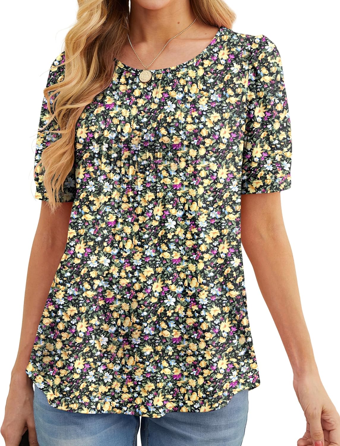 GRECERELLE Womens Summer Tops Casual Dressy Soft Short Sleeve Tunic Front Pleate...