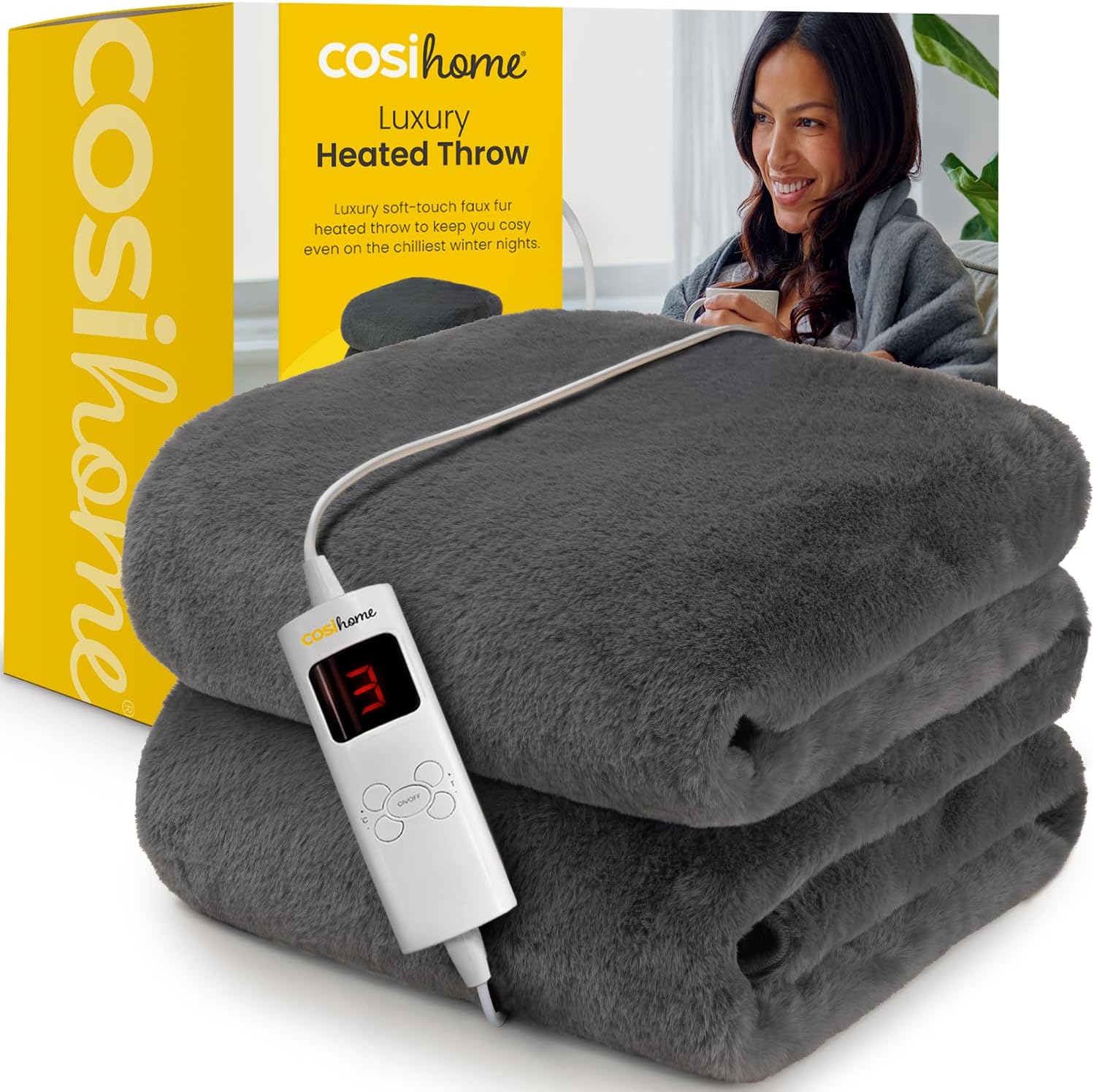 Cosi Home® Luxury Faux Fur Heated Throw - Electric Heated Blanket with 9 Heat Se...