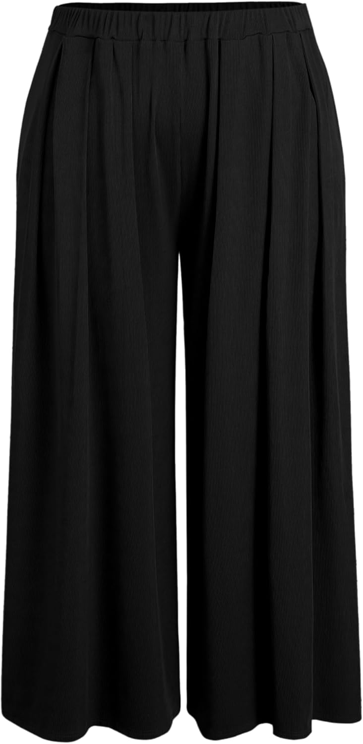 CIDER Women’s Plus Size Wide Leg Pants Palazzo Flowy Elastic Waist Pants with Po...