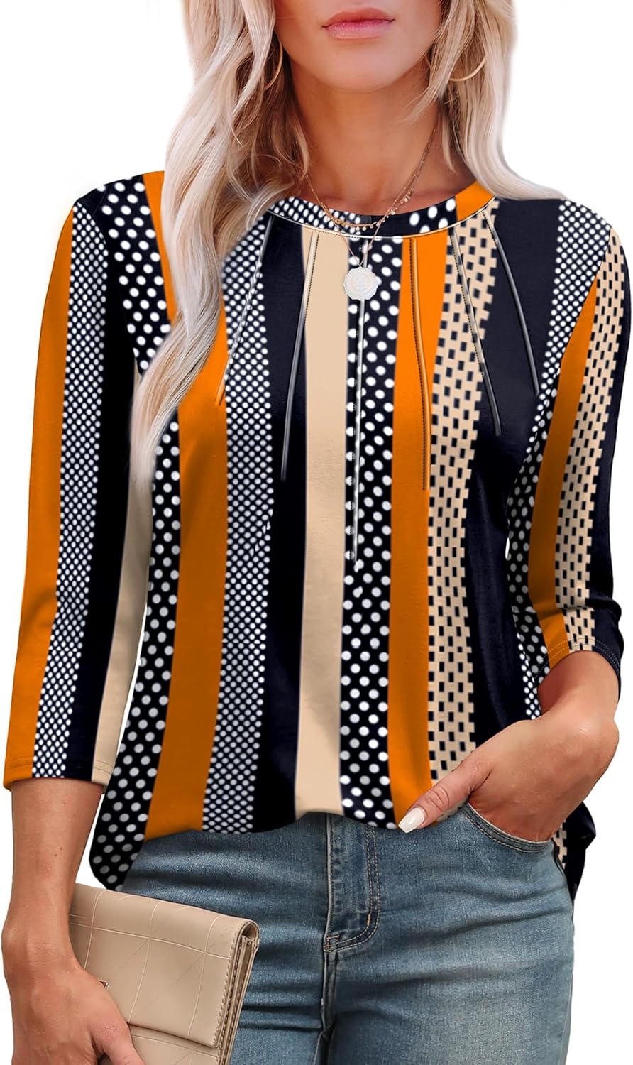 Aokosor Womens 3/4 Sleeve Tops Ladies Blouses Crew Neck Pleated Shirts Fashion D...