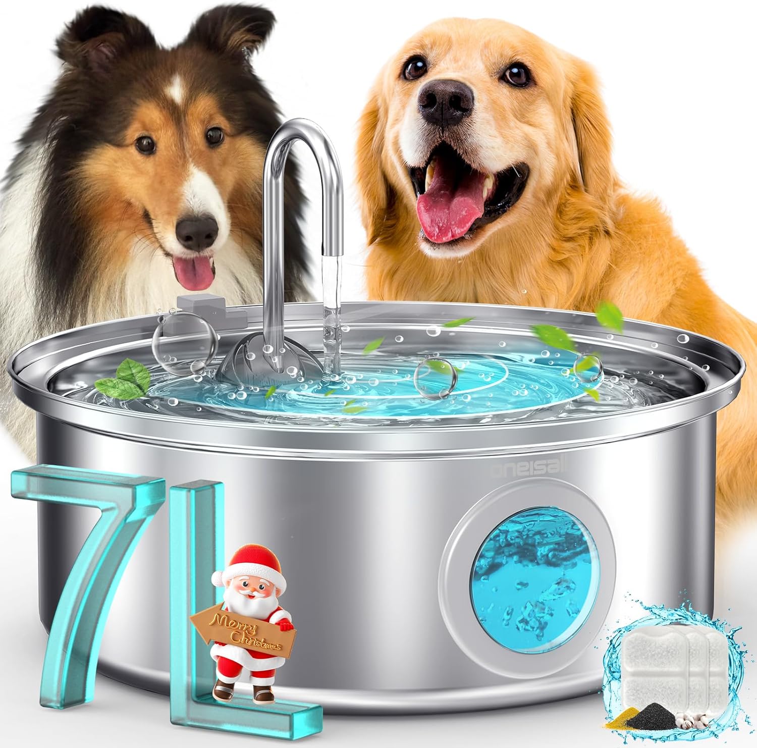 oneisall Dog Water Fountain, 7L/230oz/1.8G Quiet Dog Fountain Water Bowl, Stainl...