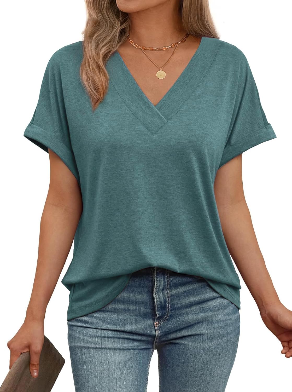 Womens Short Sleeve T Shirts V Neck Loose Fit Shirts Summer Casual Basic Tee Top...