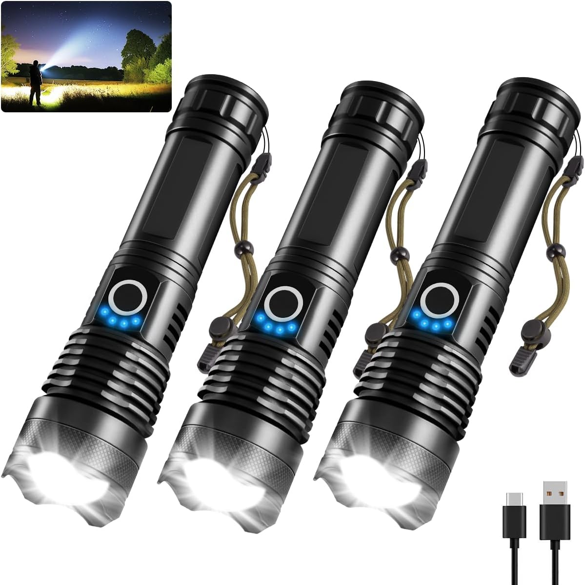 3Pack Rechargeable Flashlights High Lumens, 990000lm Super Bright Flashlight, 5M...