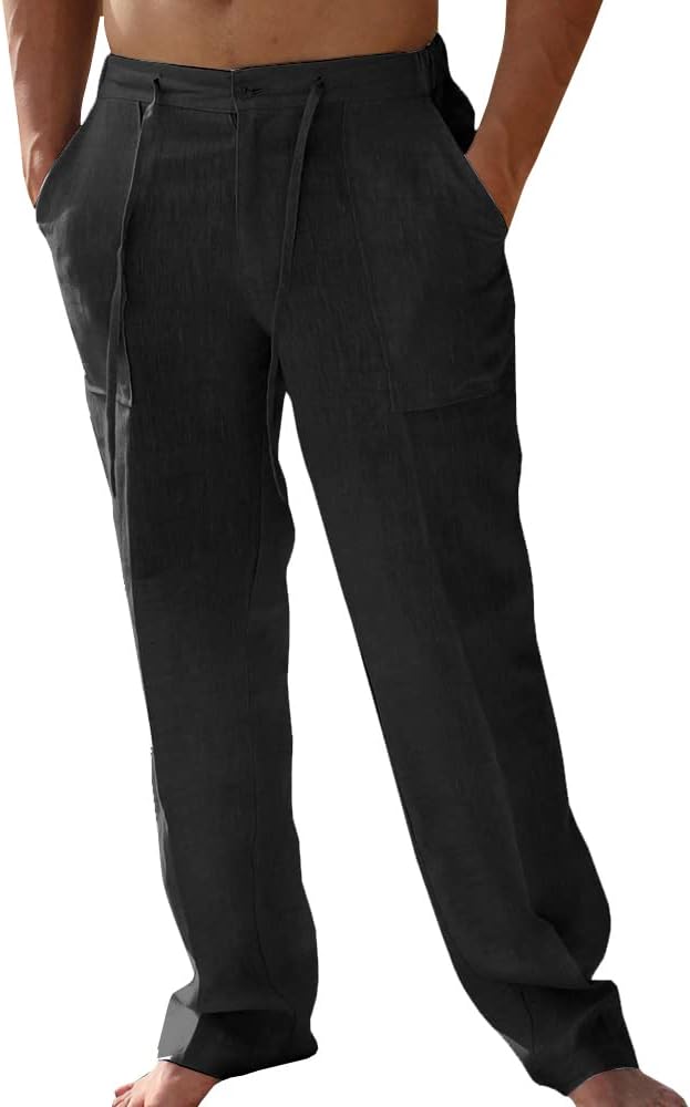 High-Quality PASLTER Mens Casual Linen Pants, Comfortable Loose Fit Pants with E...