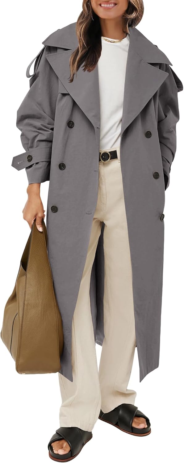 Farktop Womens Oversized Long Trench Coat Double Breasted Lapel Windproof Overco...