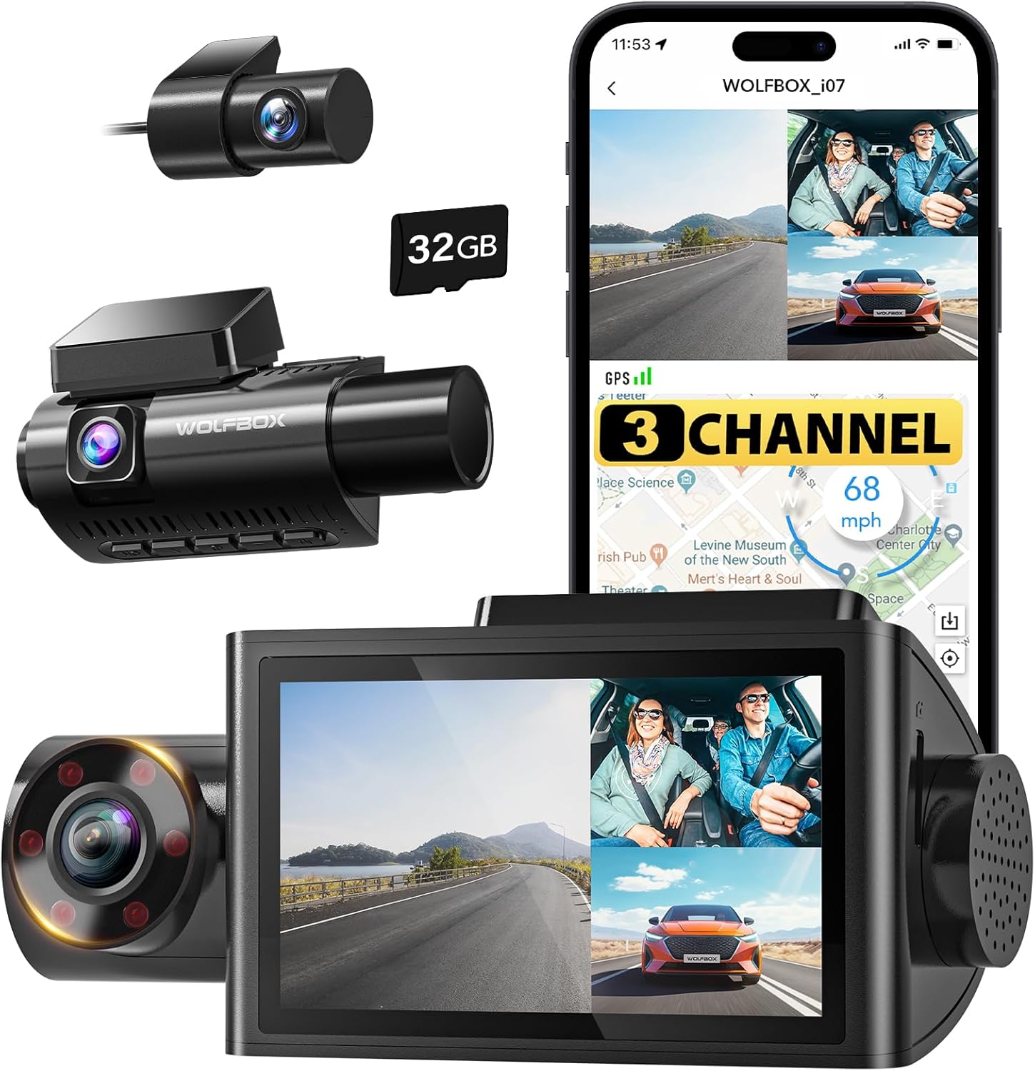 WOLFBOX i07 3 Channel Dash Cam Built-in WiFi GPS,...