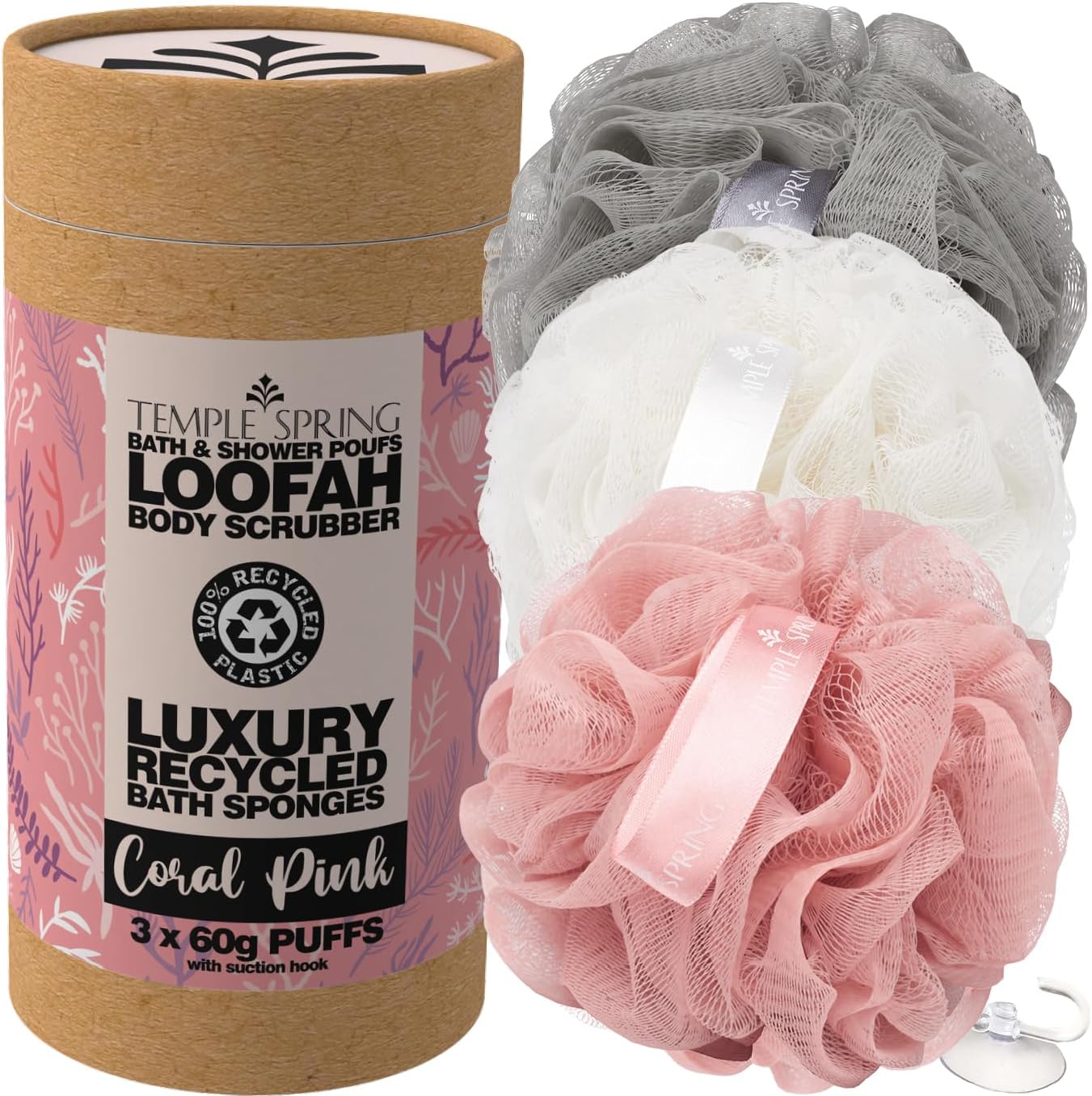 Temple Spring Loofah Shower Sponge, Recycled Body Scrubber Scrunchies, Exfoliati...