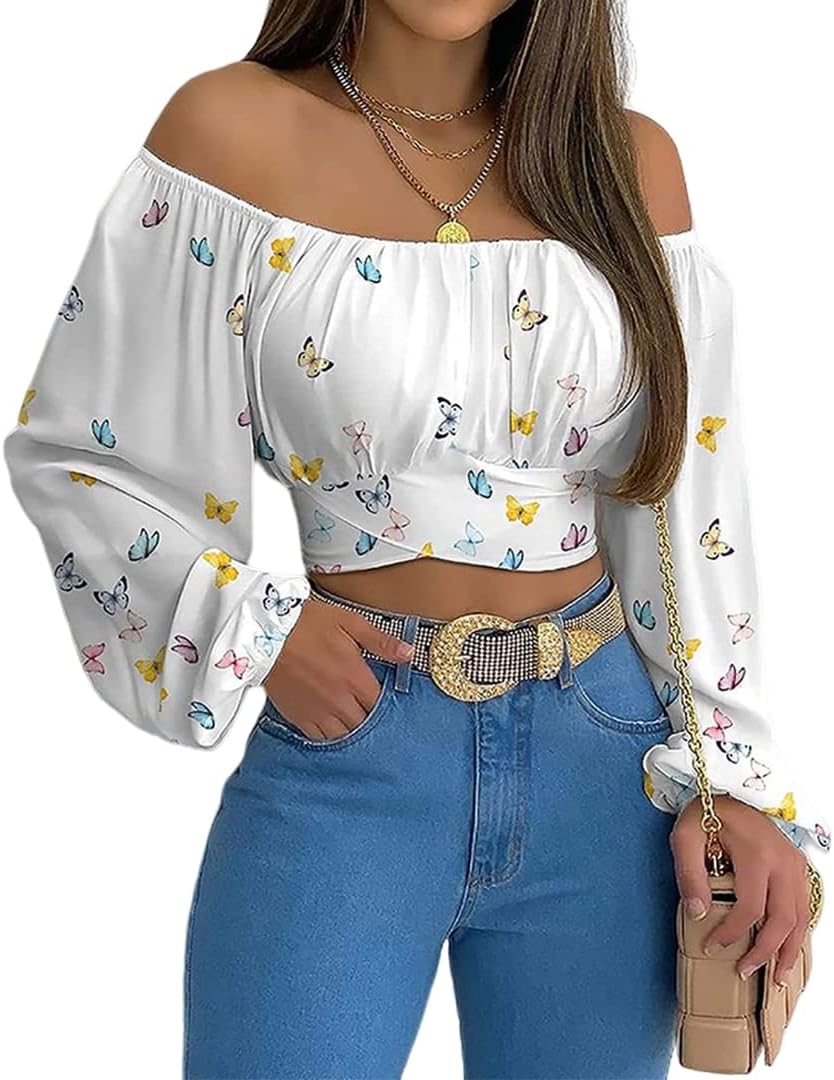 MIRACMODA Woman Off Shoulder Ruched Tie Back Crop Top Summer Lantern Sleeve Boho...