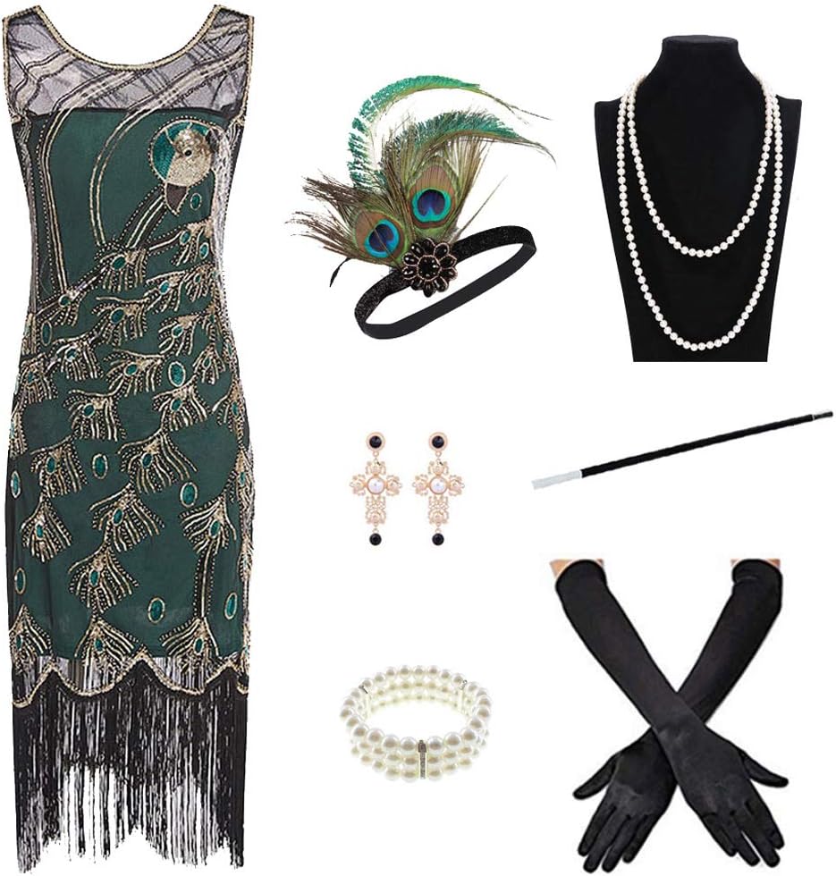 1920s Women's Gatsby Costume, Unique Flapper Dress V Neck with Fringed Detailing...
