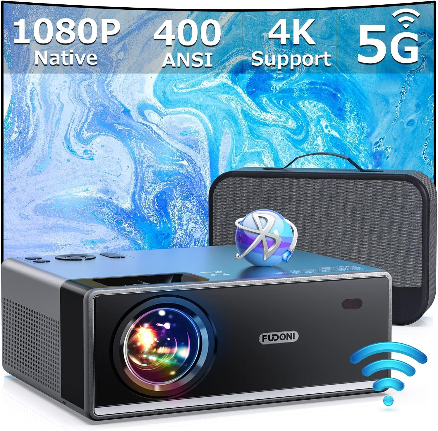 FUDONI Projector with 5G WiFi and Bluetooth, 1080P 18000L Outdoor Projector with...