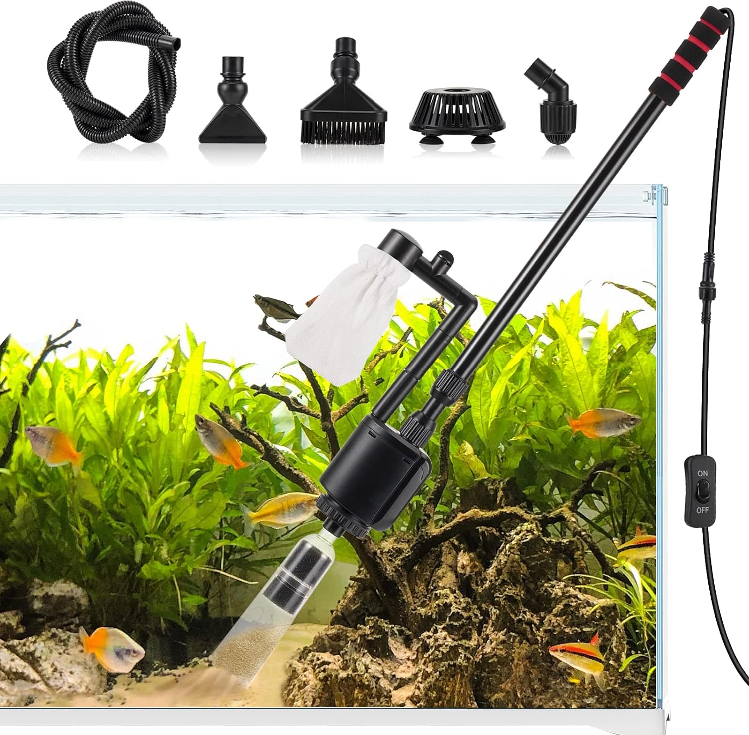 AQQA Aquarium Gravel Cleaner Siphon Kit,6 in 1 Electric Vacuum Fish Tank Water C...