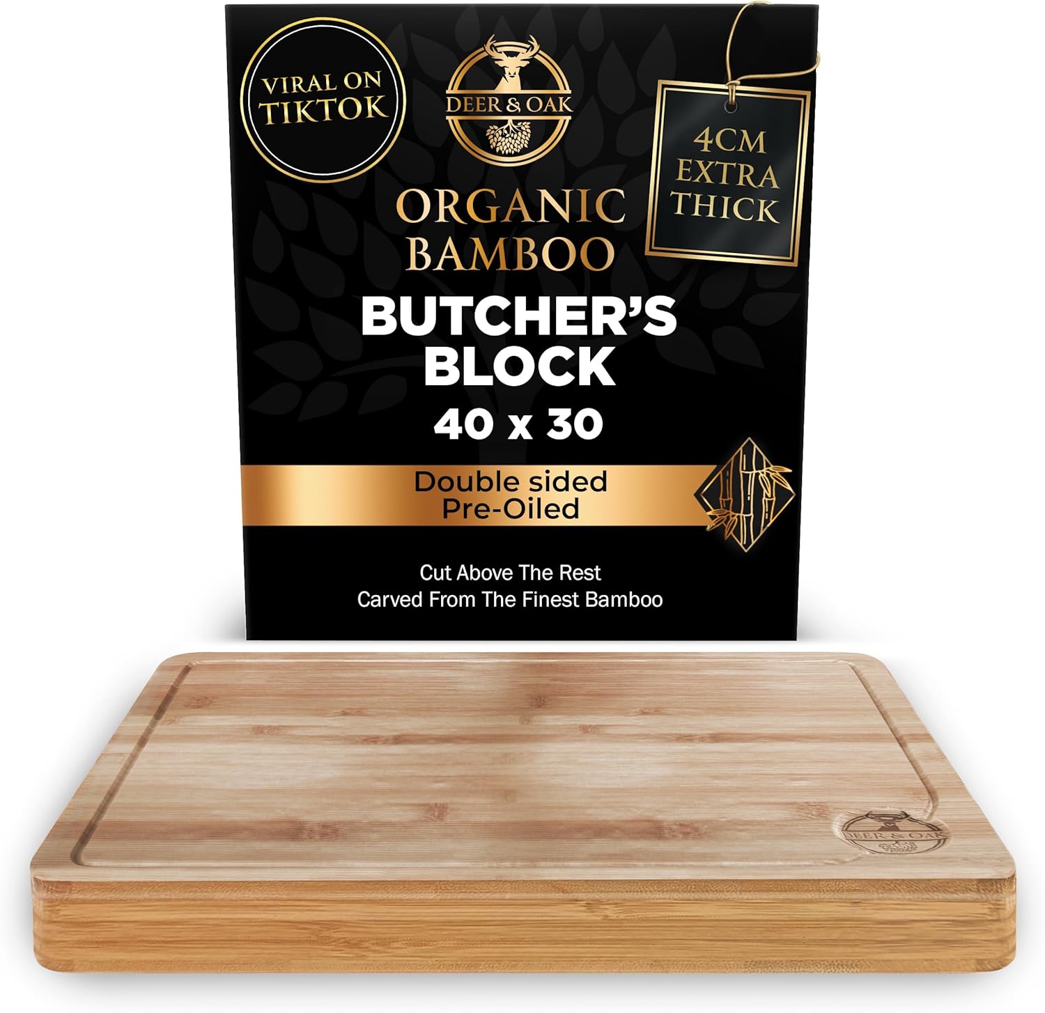 Deer & Oak Extra Large Chopping Board - 40 x 30 x 3.8cm Extra Thick Wooden Bambo...