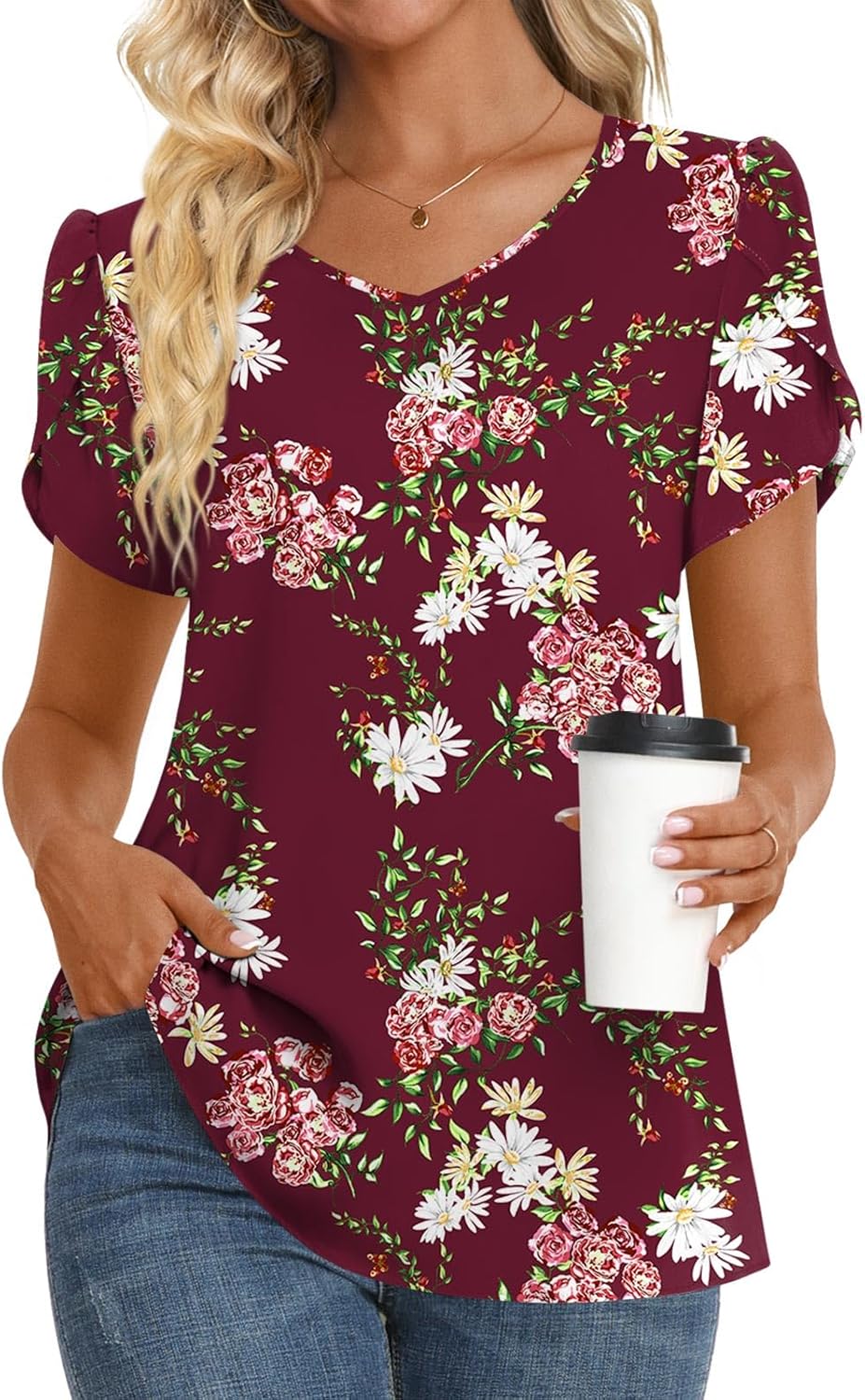 HOTGIFT 2025 Womens T Shirt Summer Short Sleeve V Neck Chiffon Tops Tunics M-3XL...