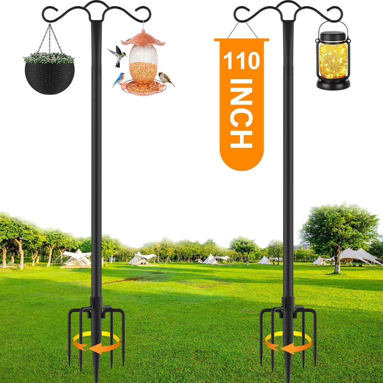 Double Shepherds Hook for Outdoor with 5 Prong Base 110 Inch Heavy Duty Two Side...