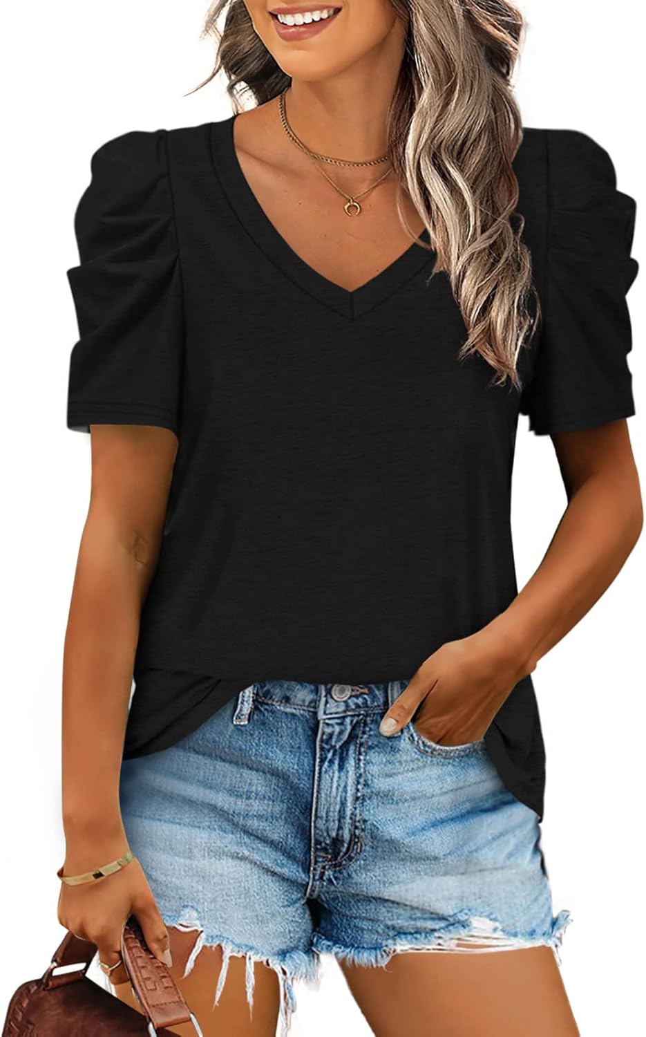XIEERDUO Womens Summer Shirt V Neck Casual Tshirts Puff Sleeve Tops for Women So...