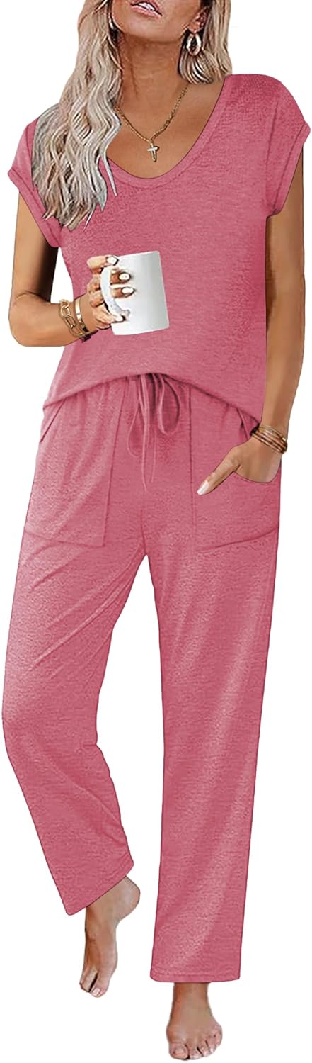 Ekouaer Womens Pajama Sets Short Sleeve Sleepwear Tops and Long Pants V Neck Pjs...