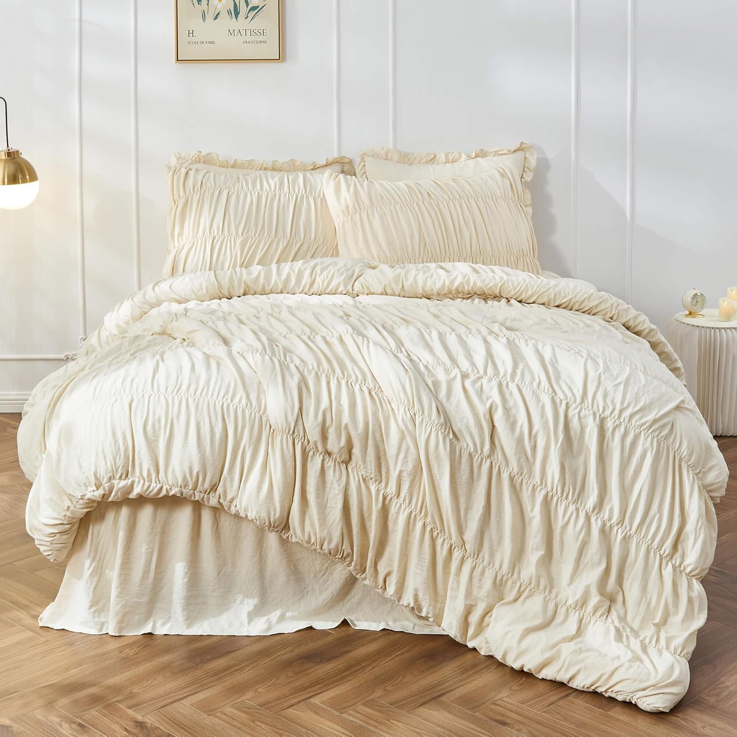 Queen Comforter Set, Unique Ruched Comforter for Queen Size Bed, Boho Shabby Chi...