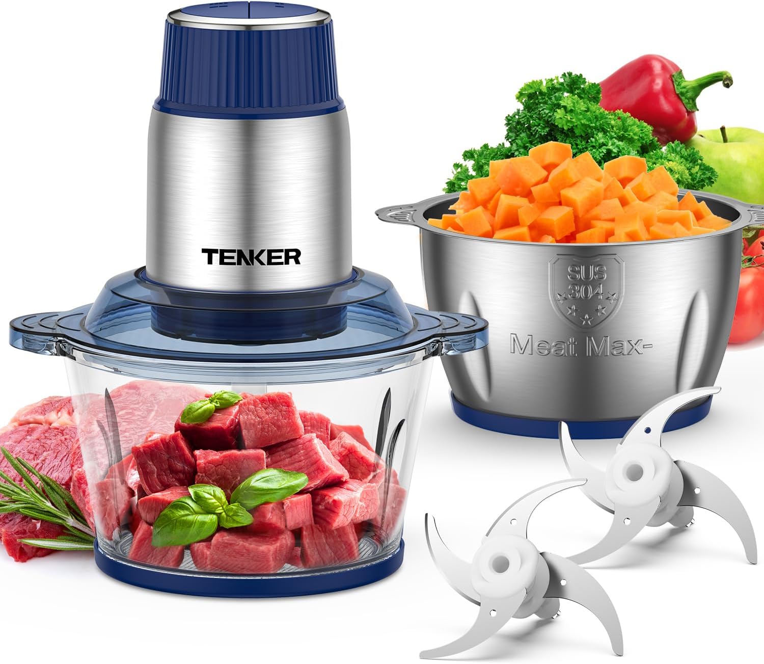 TENKER Food Processor with 2 Bowls (2L+2L), Electric Food Chopper with 2 Sets of...