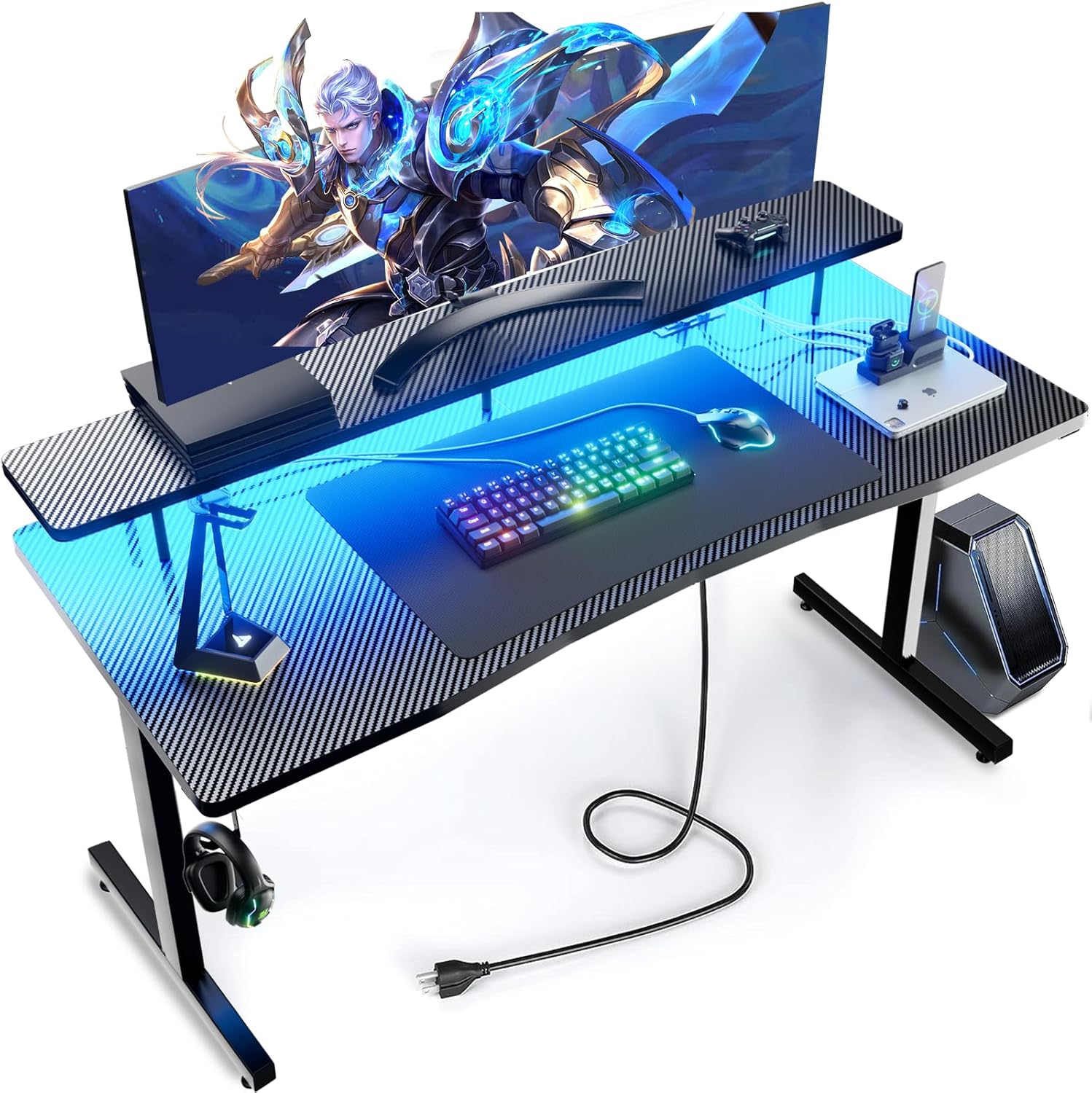 GTRACING 55 Inch Gaming Desk with LED Lights, Computer Gamer Desk with Monitor S...