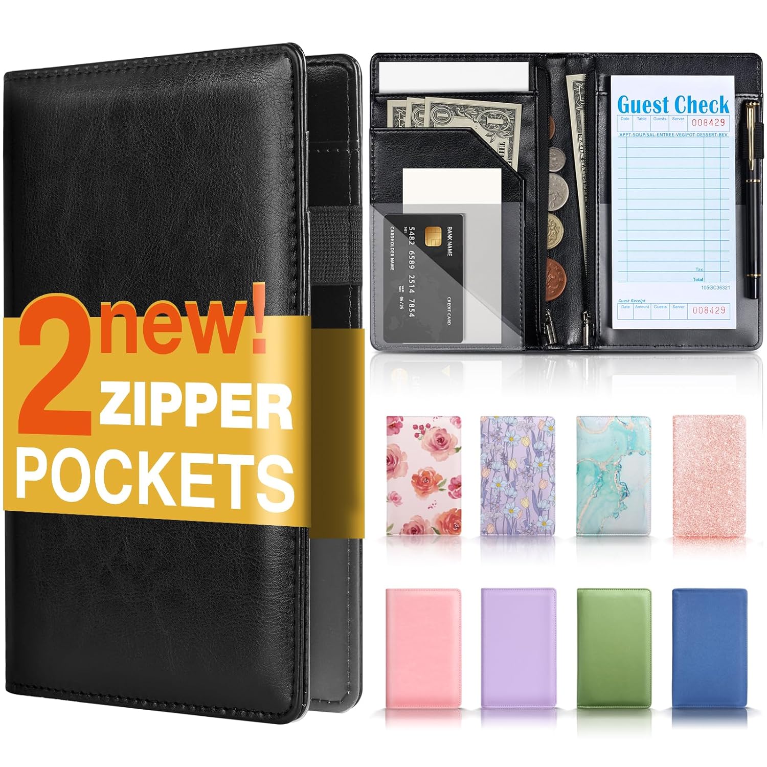 Forvencer Server Book, 2 Zipper Pocket, Server Books for Waitress, Waitress Book...