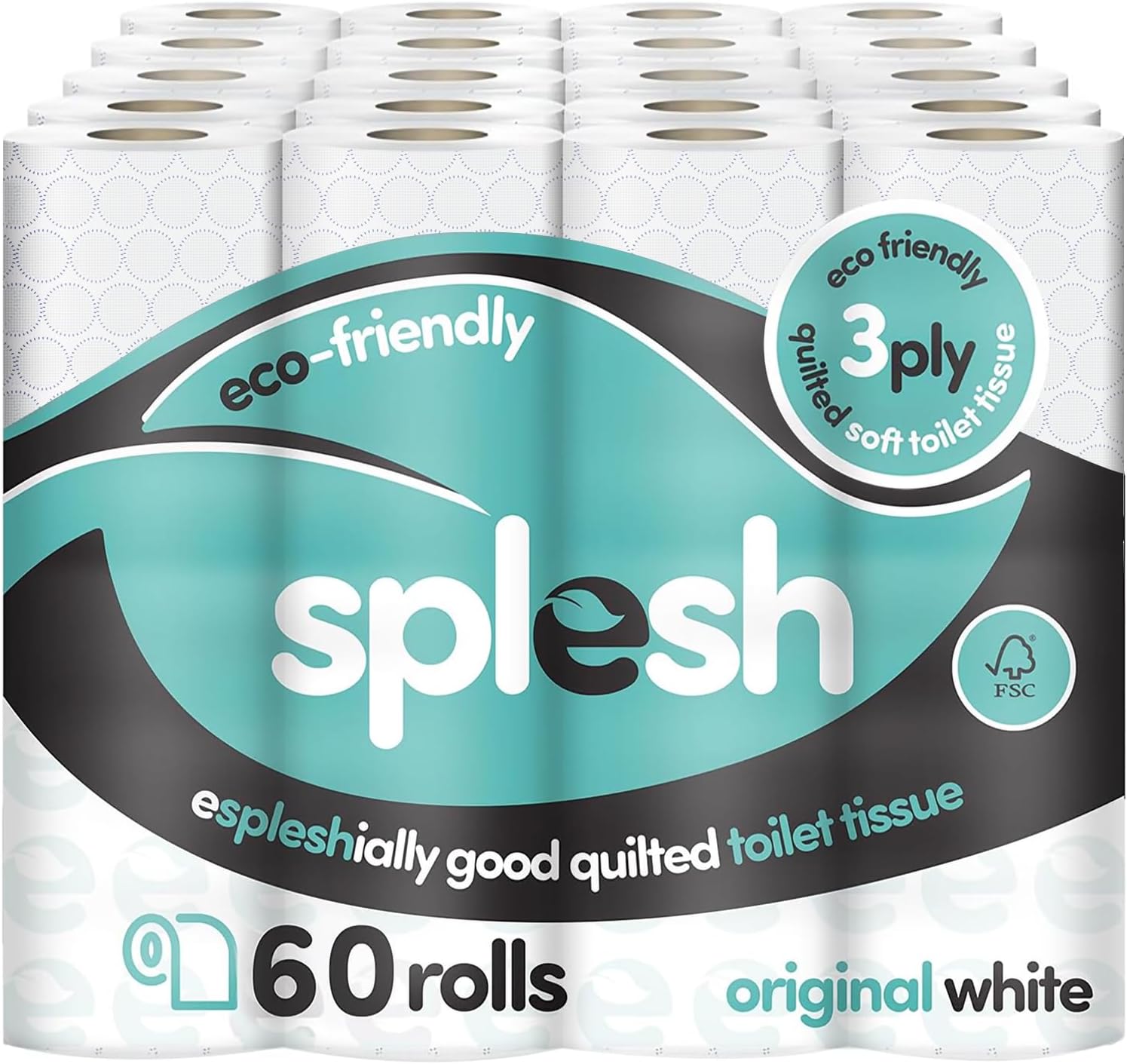 Splesh by Cusheen 3-ply Toilet Roll - Unscented (60 Pack) Soft, Quilted Bulk Toi...