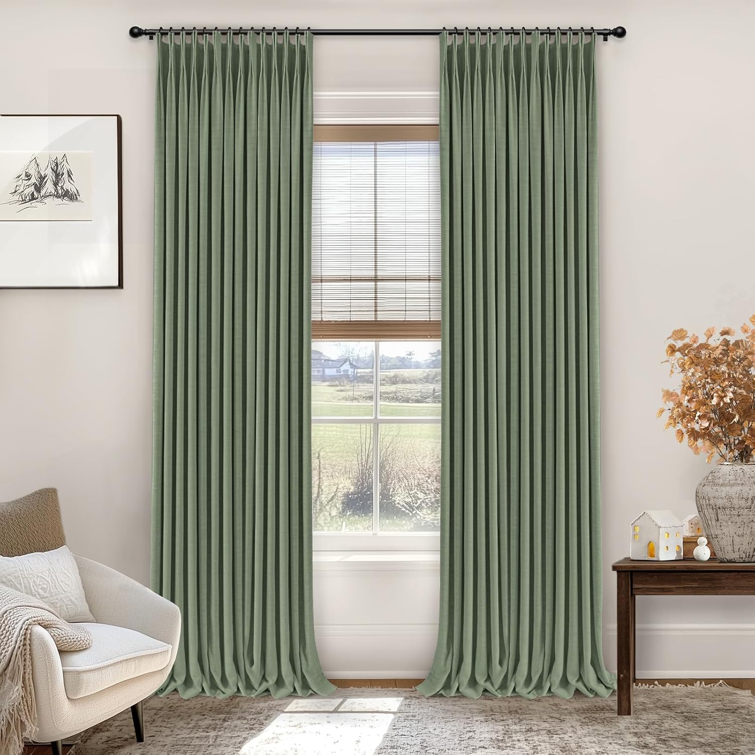 INOVADAY Pinch Pleated Curtains, 100% Light Blocking Linen Pinch Pleat Blackout...