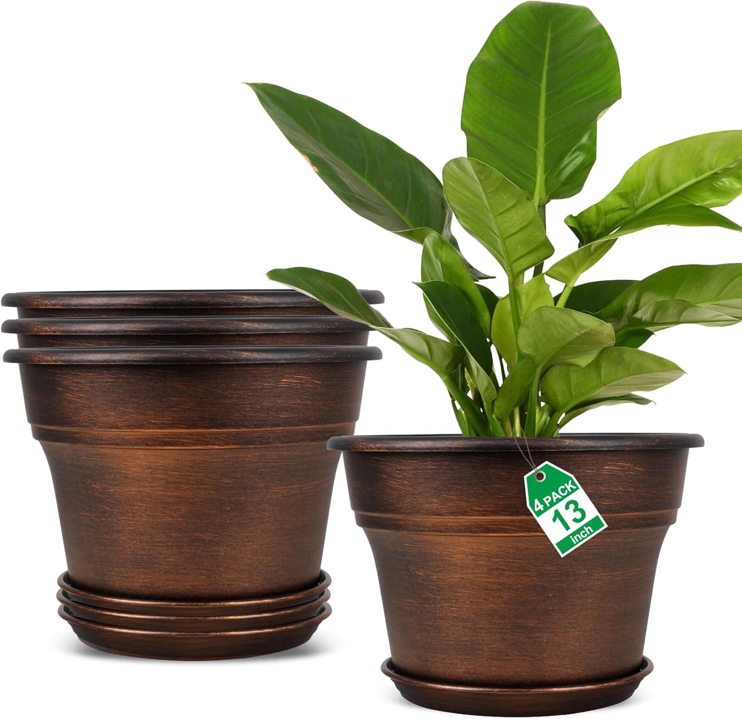 Plant Planters Pots Set of 4 Pack 13 Inch，Large Plastic Flower Pot for Indoor P...