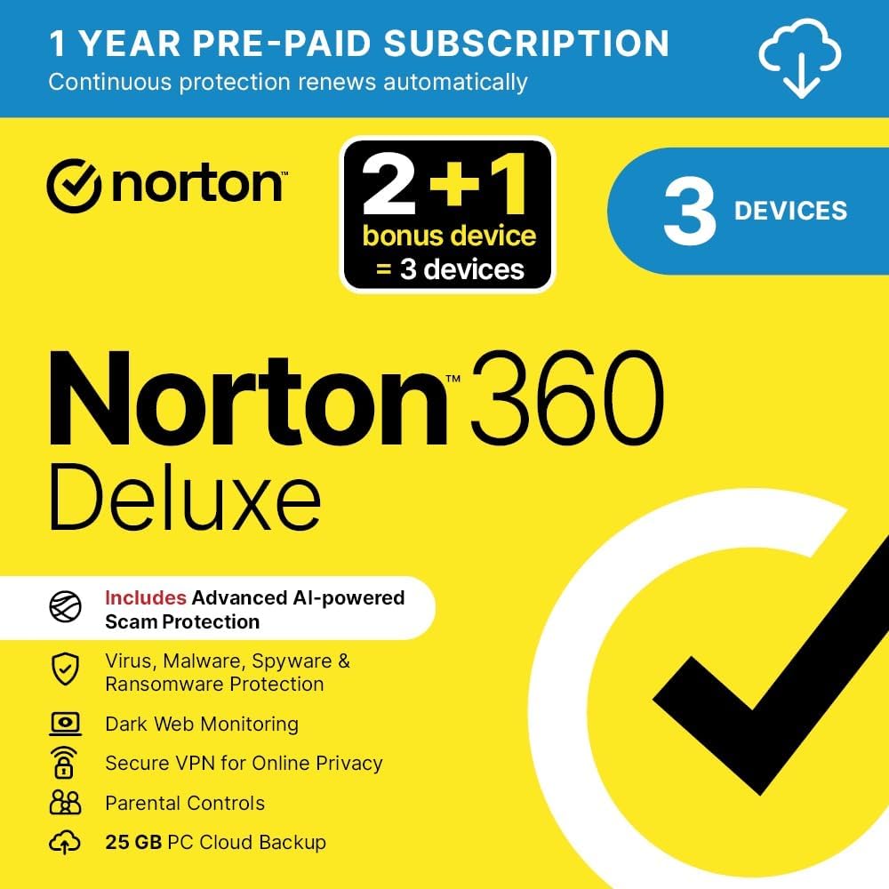 Norton 360 Deluxe 2025, Antivirus Software for 2 + 1 Devices and 1-Year Subscrip...