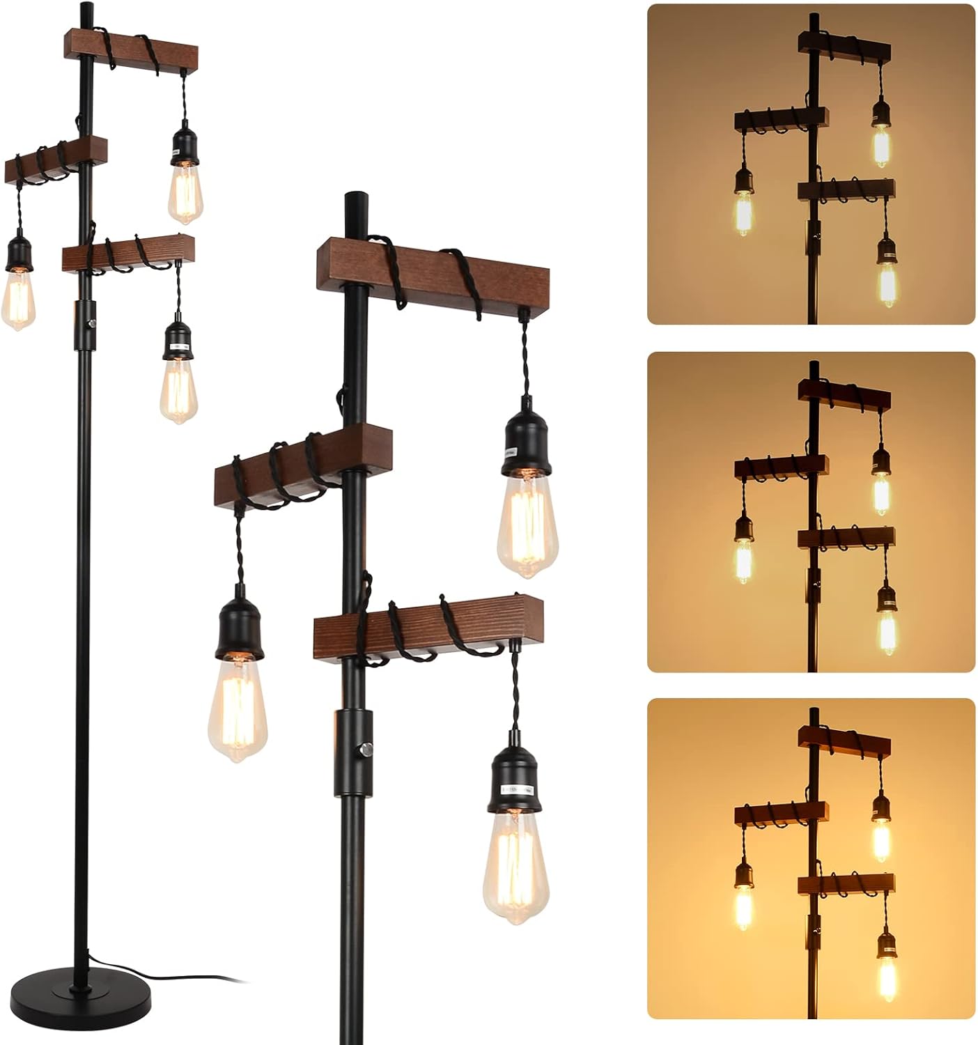 Rayofly Industrial Dimmable Floor Lamps, Farmhouse 3-Lights Wooden Standing Lamp...