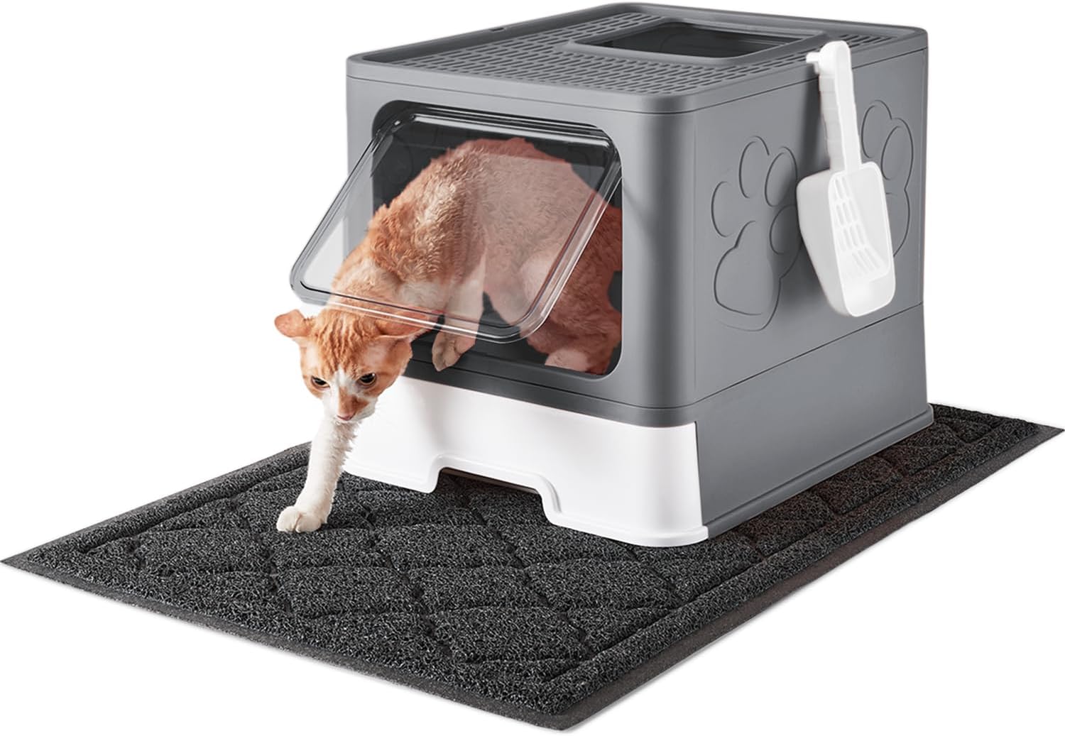 Cat Litter Box with X-Large Litter Mat and Scoop, Large Foldable Litter Box with...