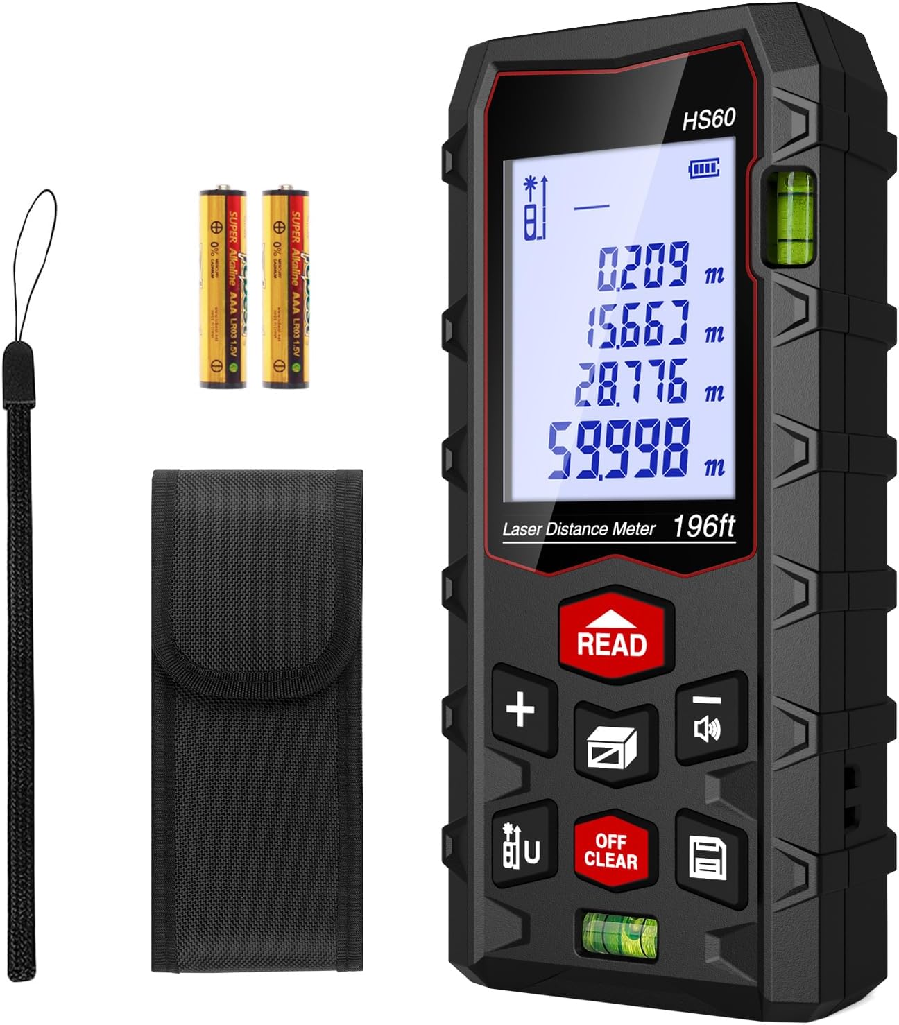 Laser Measure 196ft, Charcity Laser Distance Meter 60M(M/in/F) with 2 Bubble Lev...