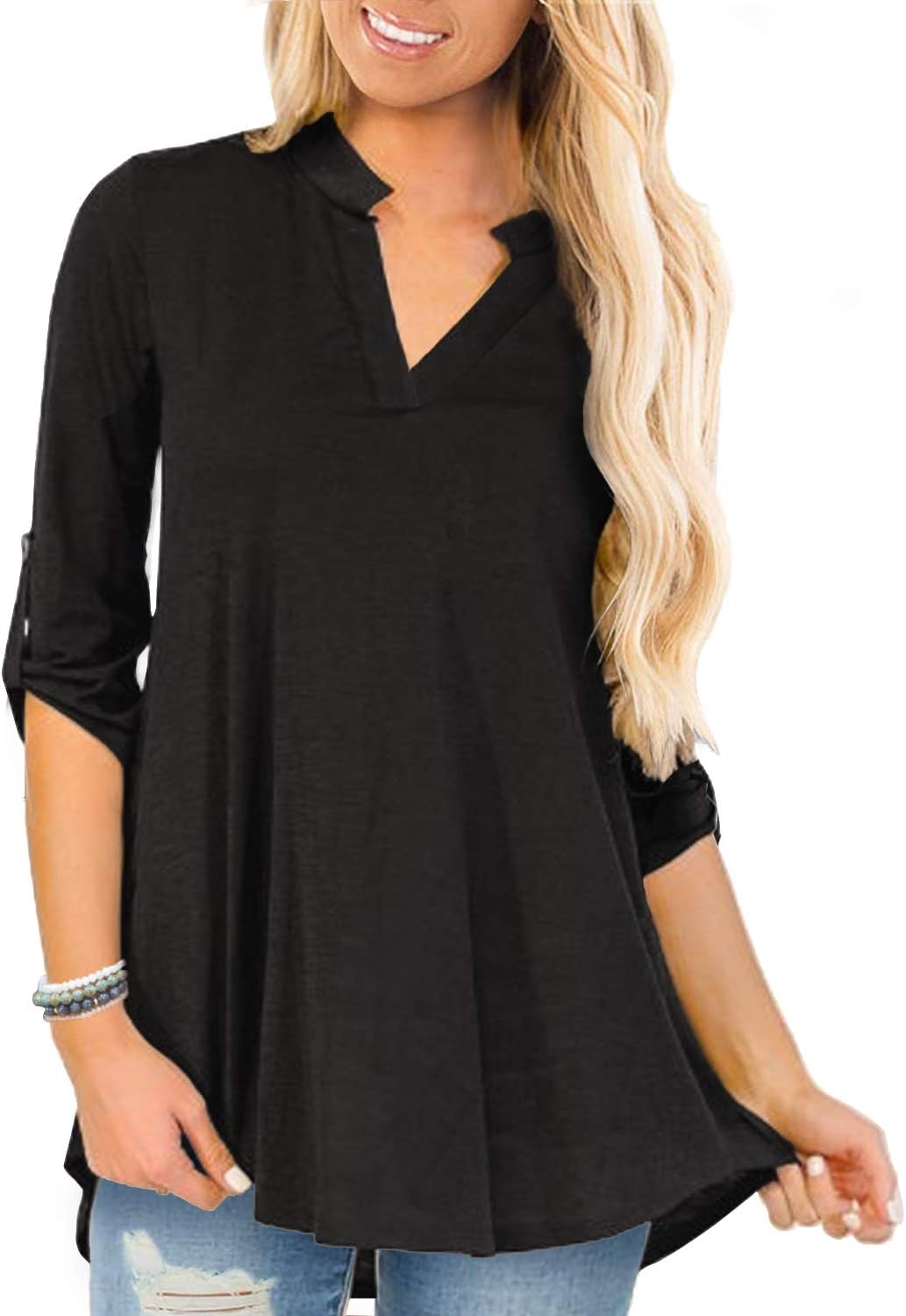 a.Jesdani Women's Plus Size Tops 3/4 Roll Sleeve Shirts V Neck Blouses Tunic Top...